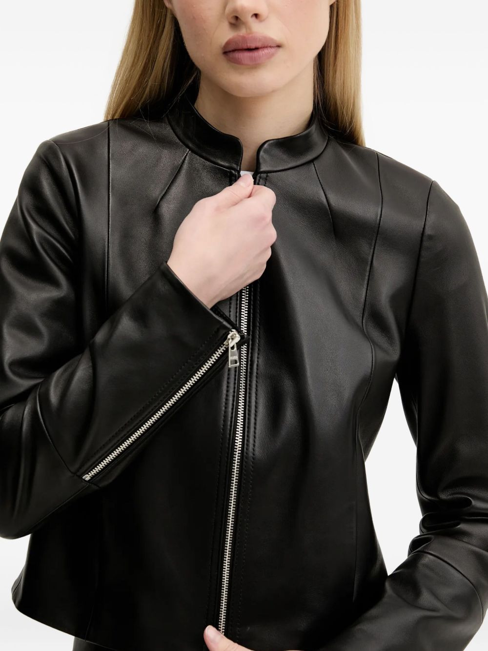 zip-front panelled leather jacket - 5