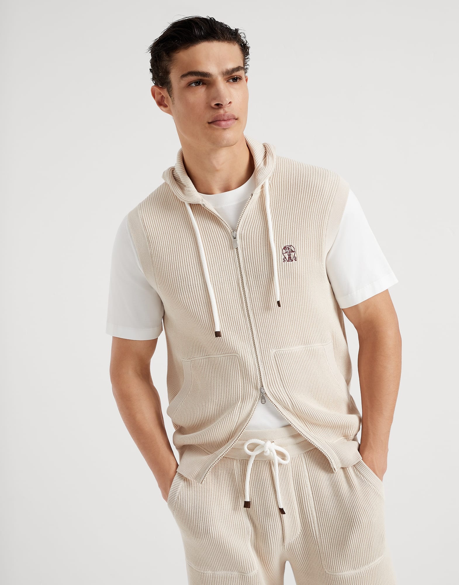 Cotton English rib sweater vest with zipper and hood - 1