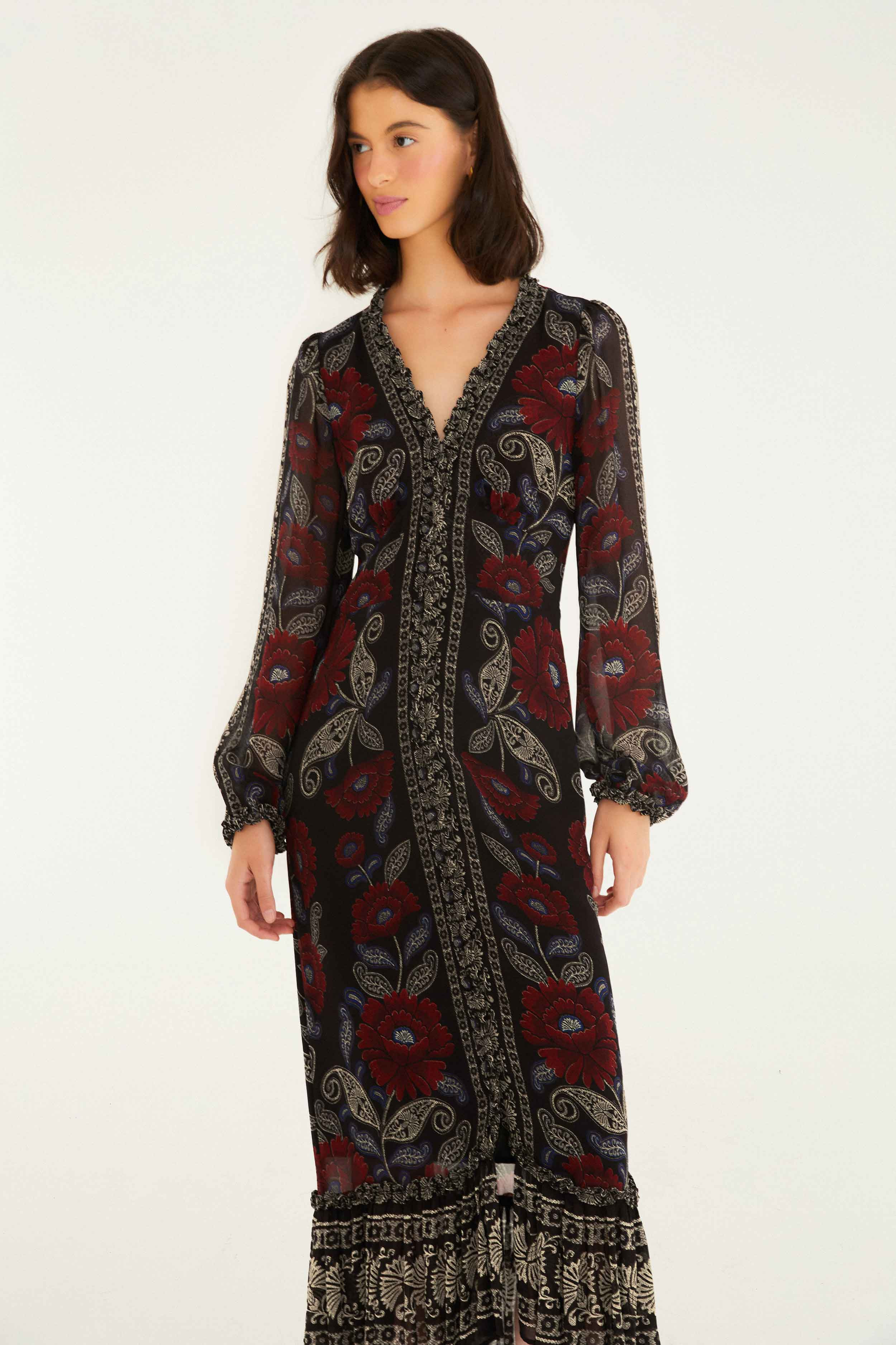 Black Valentina Ruffled Long Sleeve Midi Dress - 2