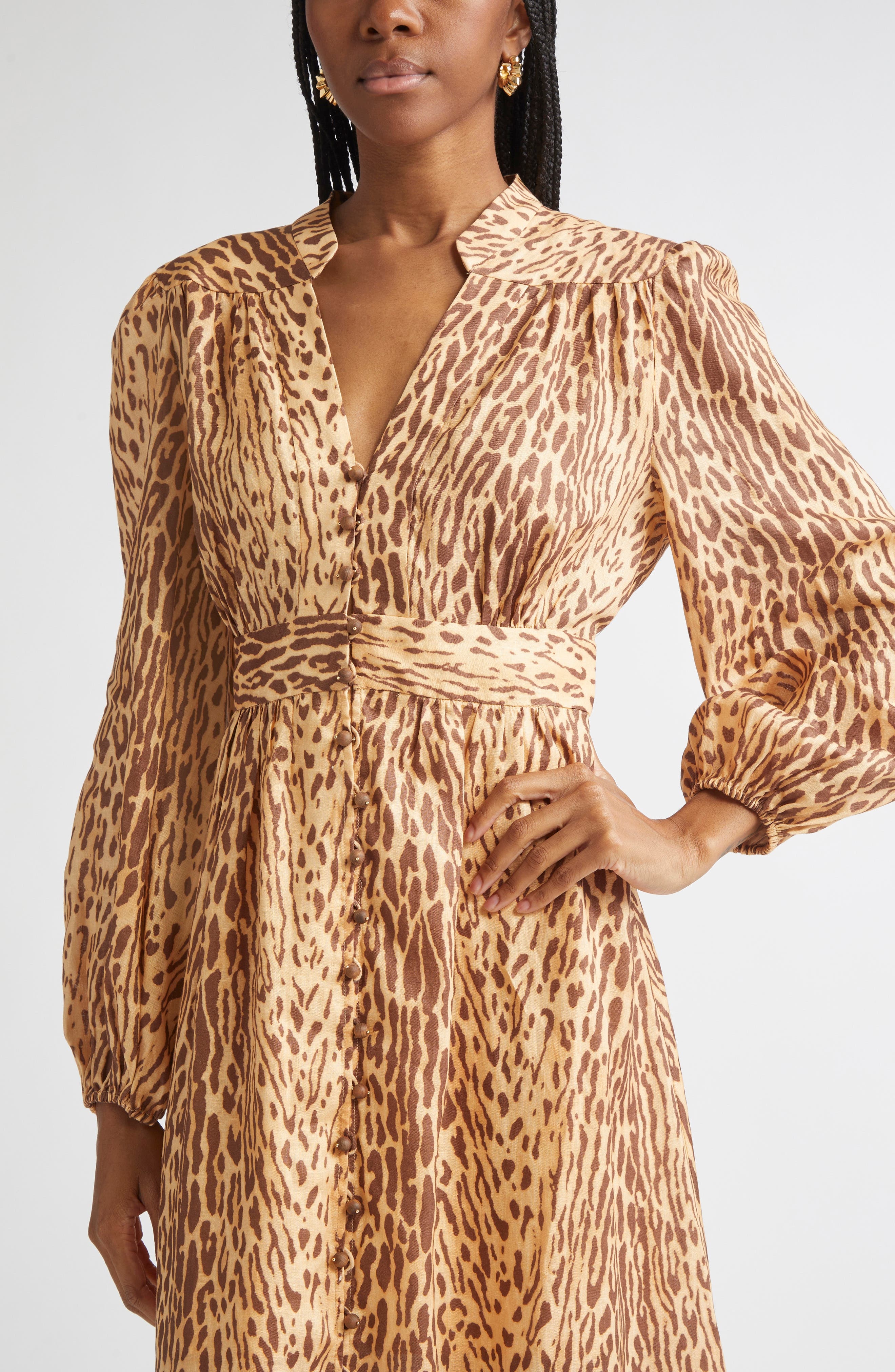 Zimmermann Cascadian Leopard Print Long Sleeve Linen Midi Dress in Tan Leopard at Nordstrom - 4