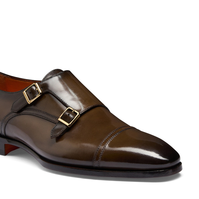 Men's dark brown leather double-buckle shoe 6