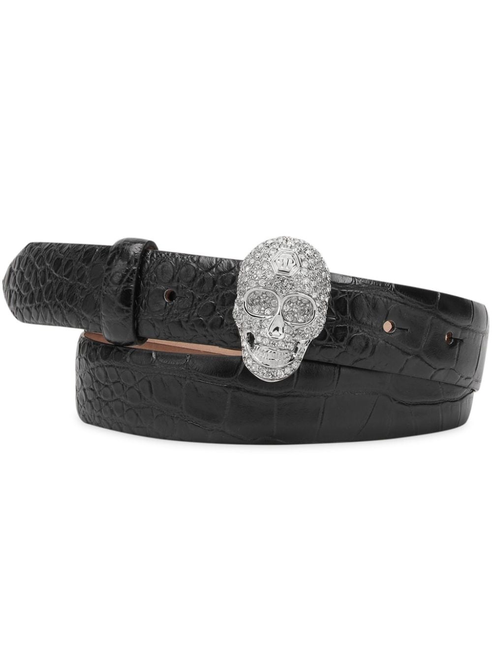 crocodile-embossed skull-buckle leather belt - 1