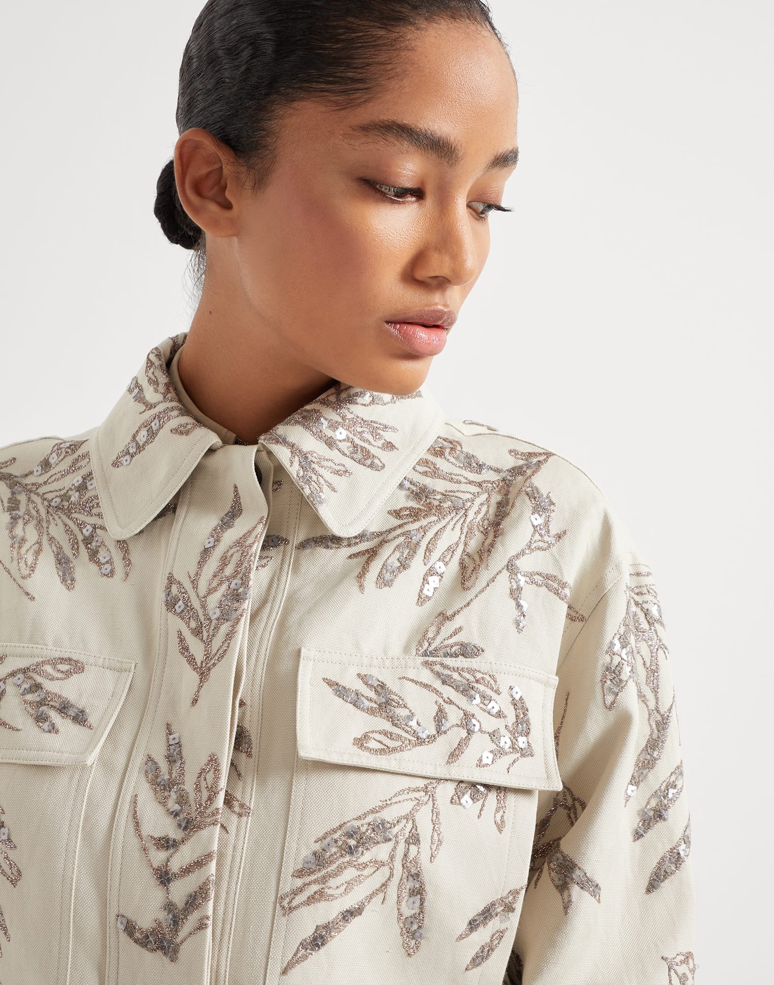 Cotton and linen canvas outerwear jacket with glistening herbarium embroidery - 3
