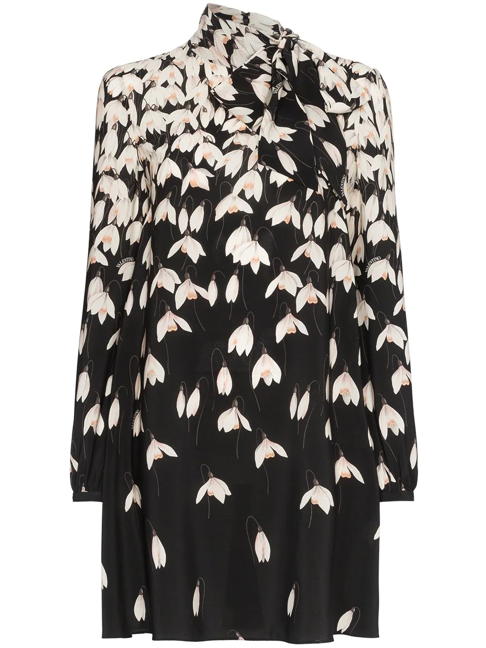 Floral Print Scarf Neck Silk Mini Dress - 1