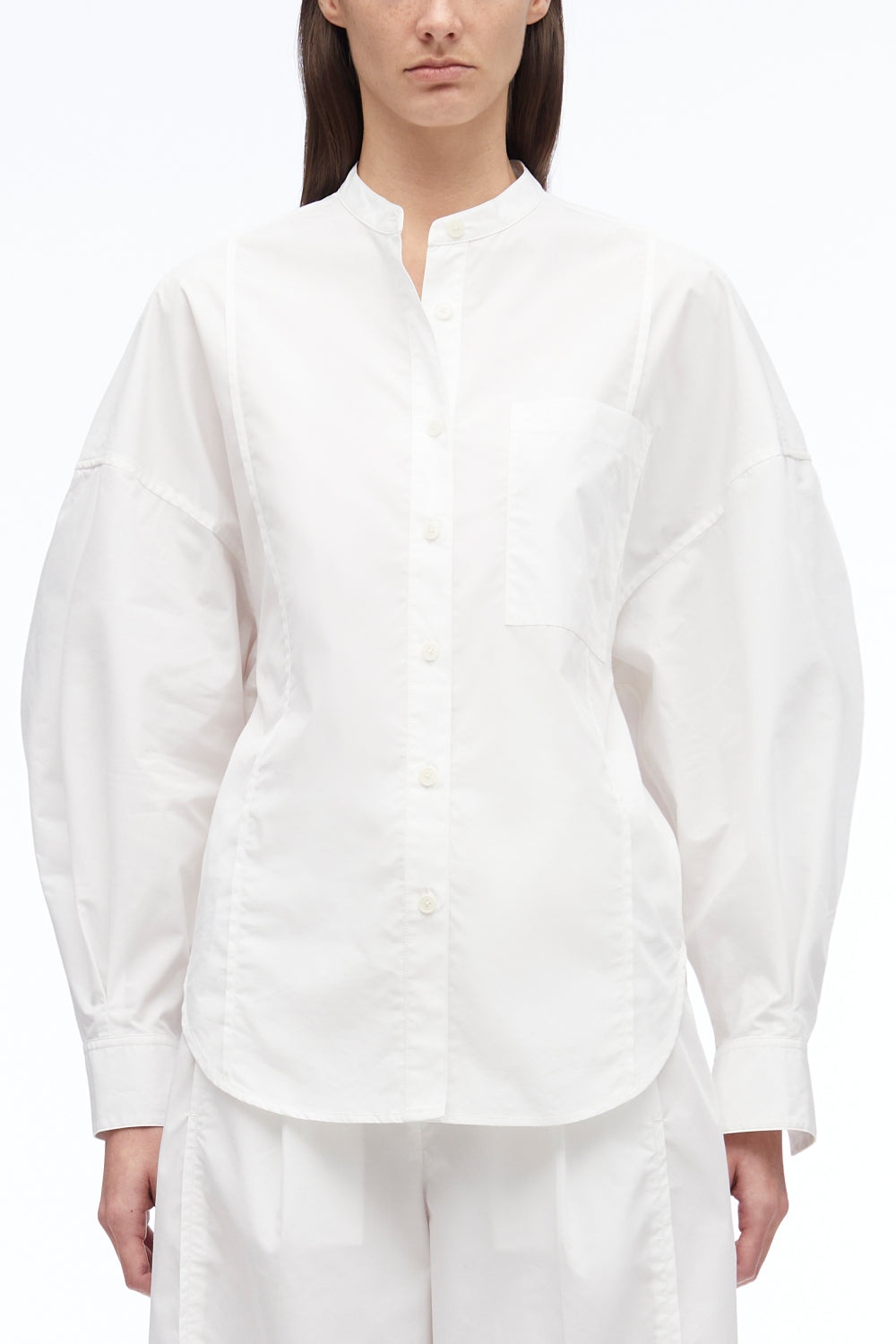 Long Sleeve Band Collar Poplin Shirt - 1