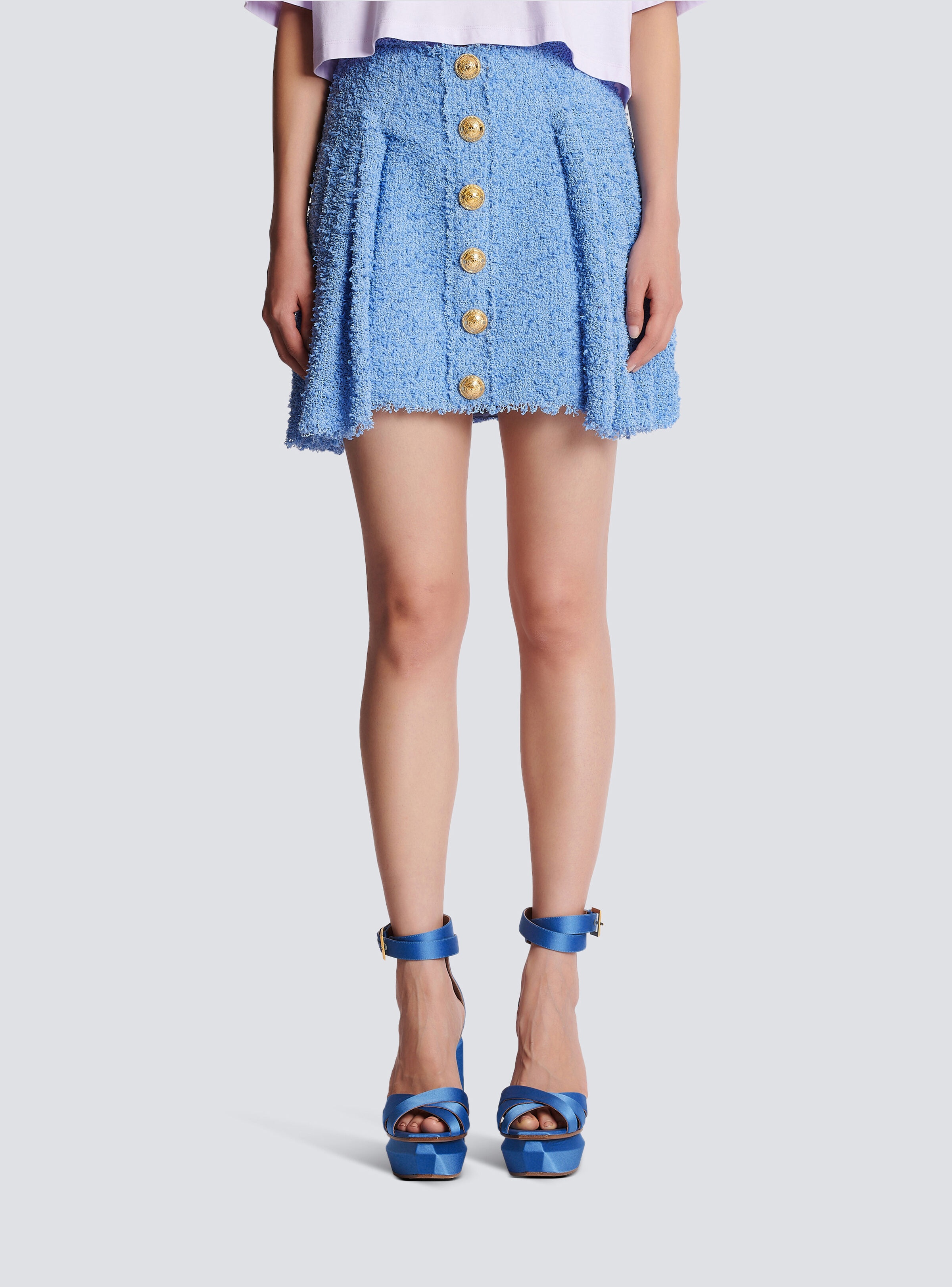Pleated buttoned tweed skater skirt - 5
