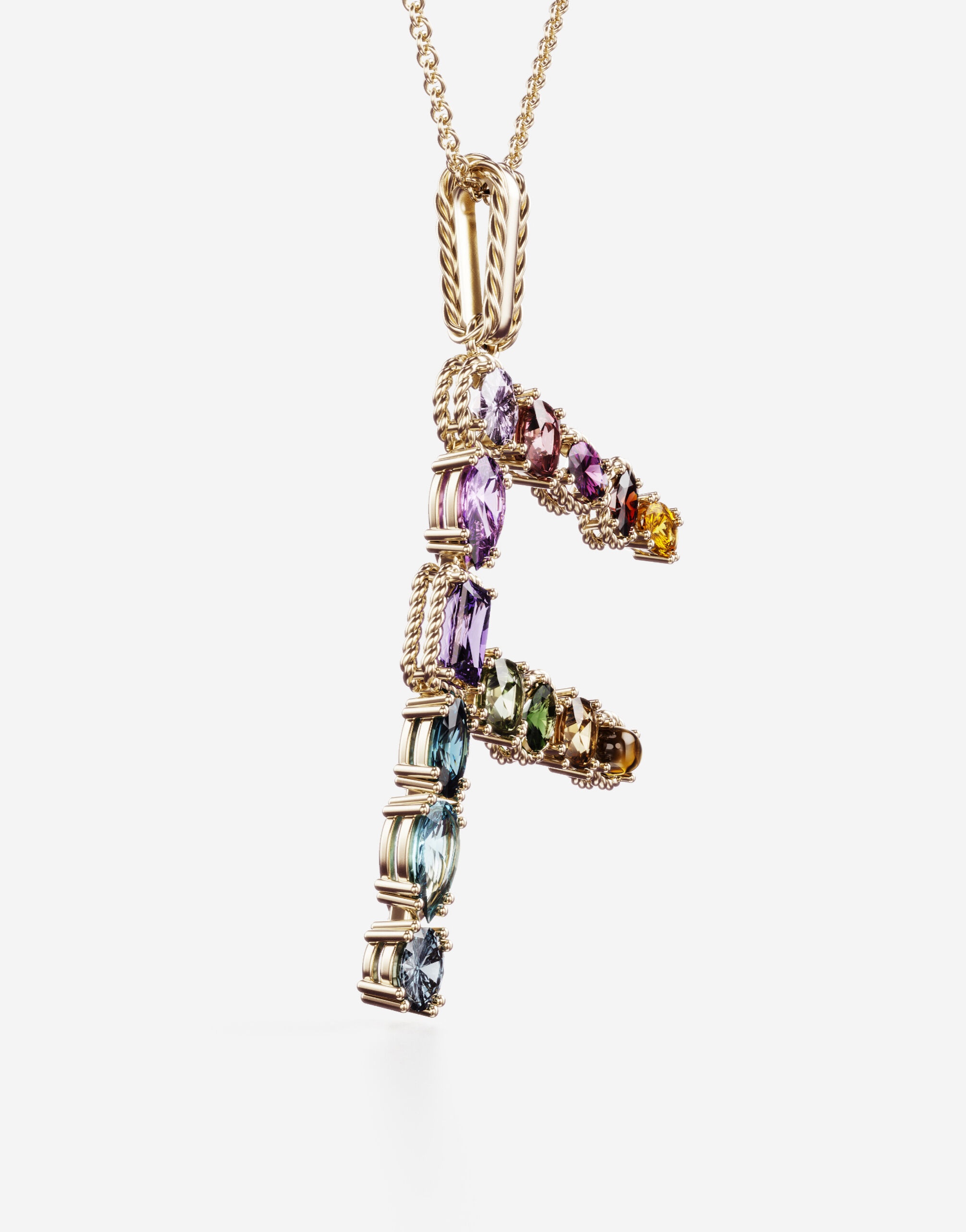 Rainbow alphabet F pendant in yellow gold with multicolor fine gems - 3