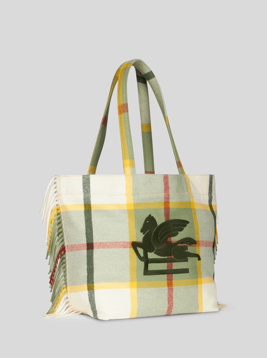LARGE CHECK JACQUARD SOFT TROTTER TOTE BAG WITH FRINGING - 6