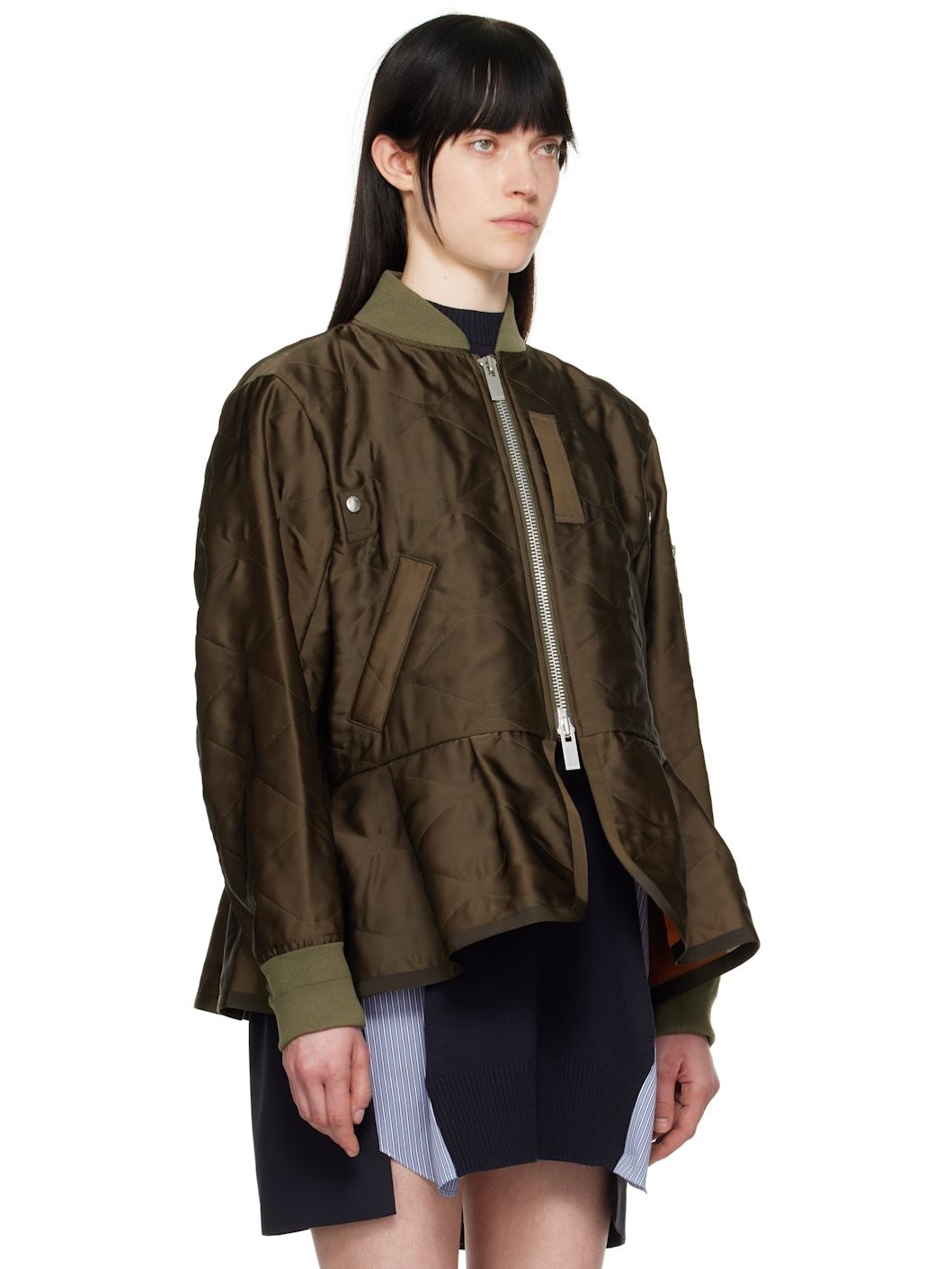 Khaki Quilted Satin Bomber Jacket - 2