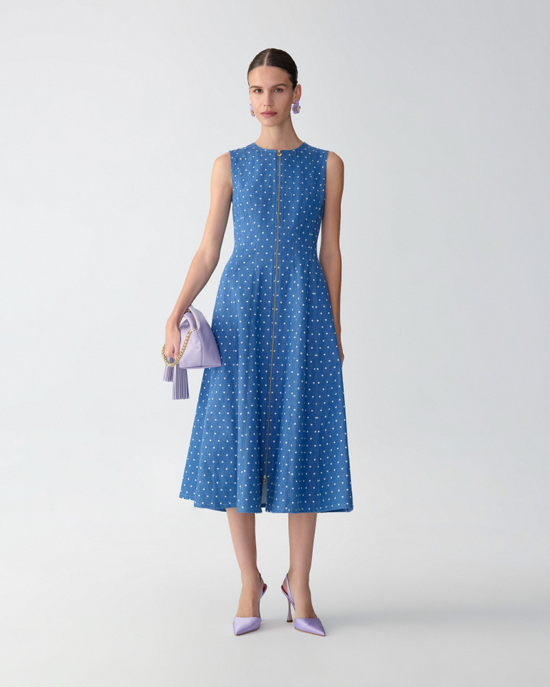 CAROLINA HERRERA Polka Dot Denim A-Line Midi Dress outlook
