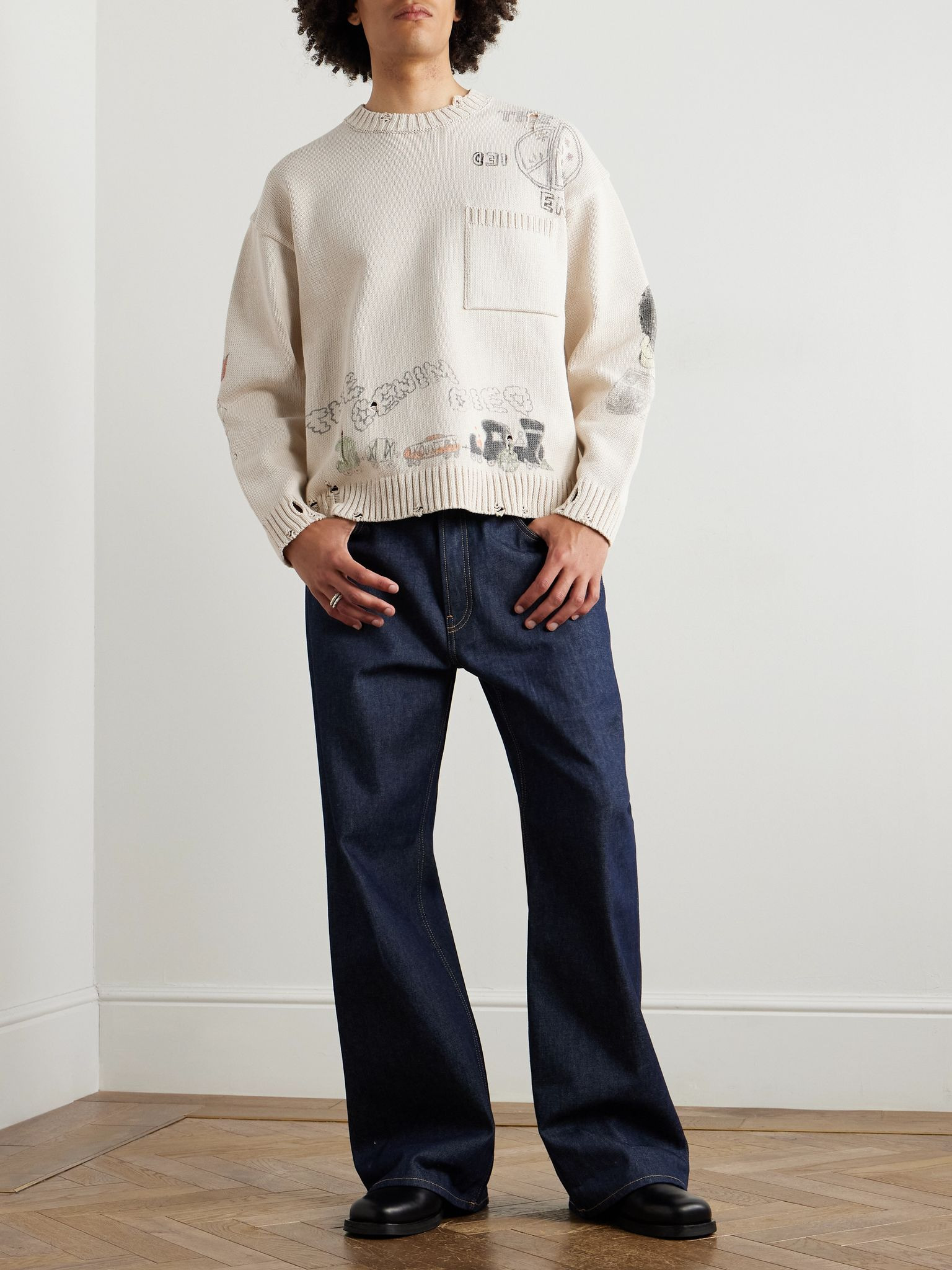 Distressed Printed Cotton Sweater Ecru - 2