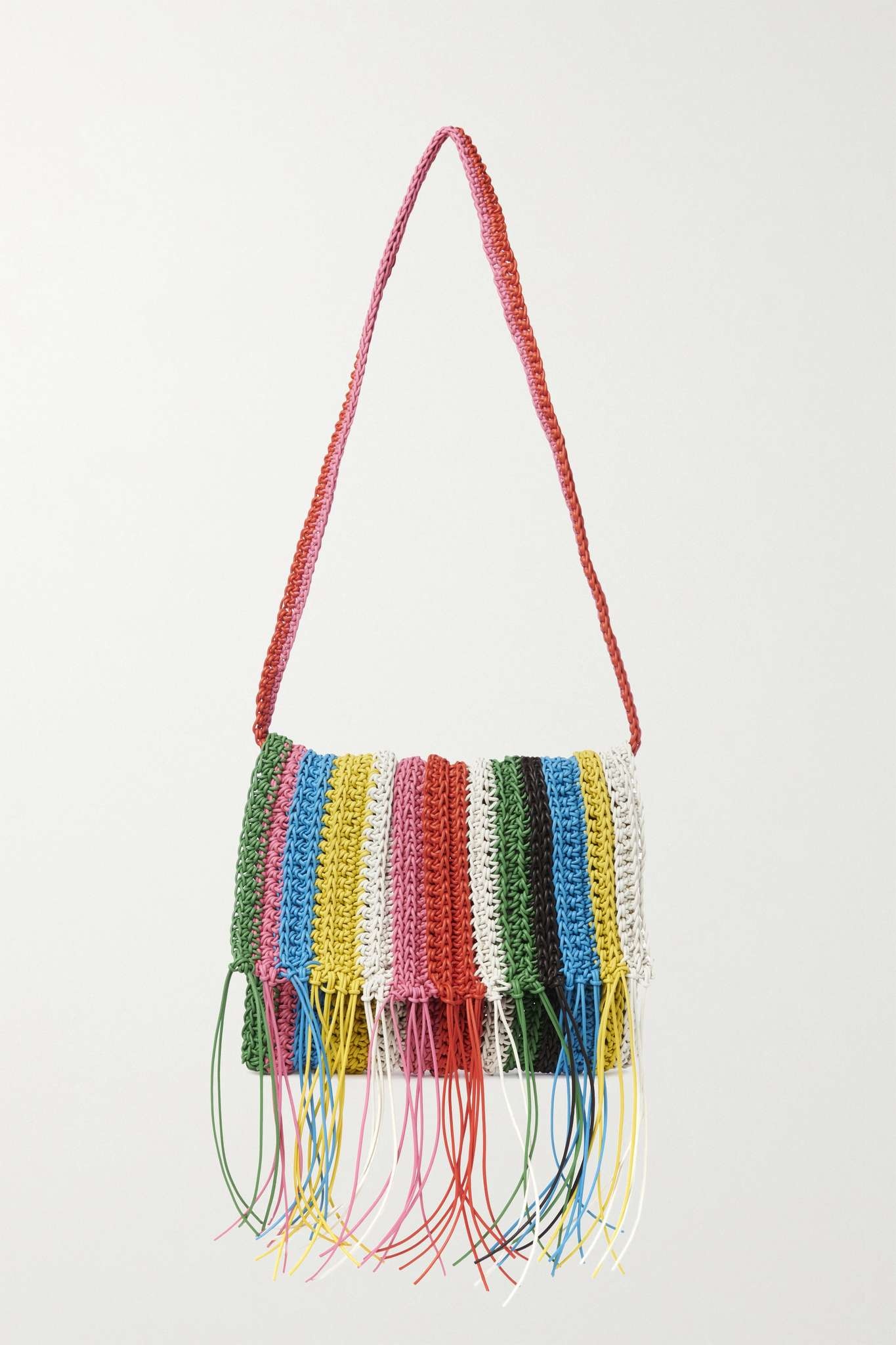 Fringed striped macramé leather clutch - 1