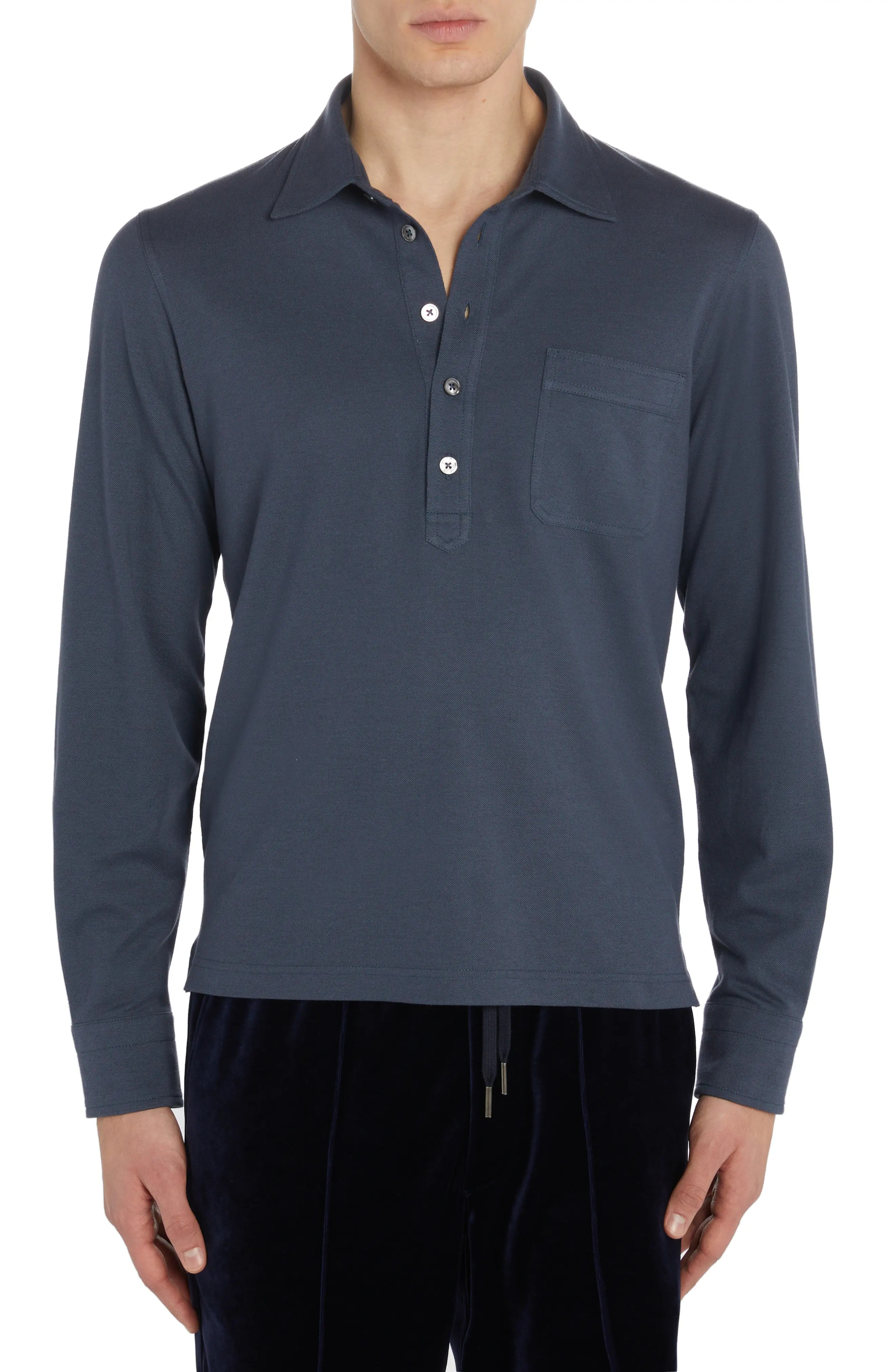 Long Sleeve Silk & Cotton Piqué Pocket Polo - 1