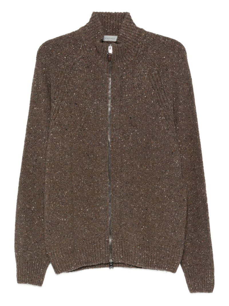 zip-front speckled cardigan 1