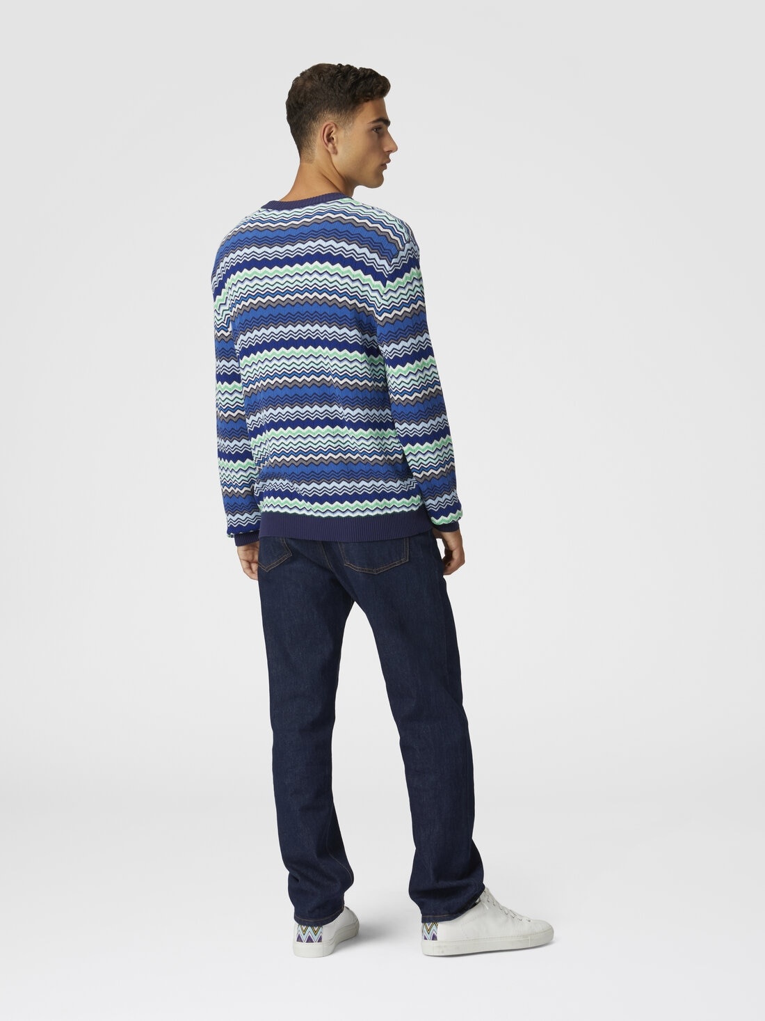 Cotton crew-neck pullover with micro zigzag and contrasting piping - 3