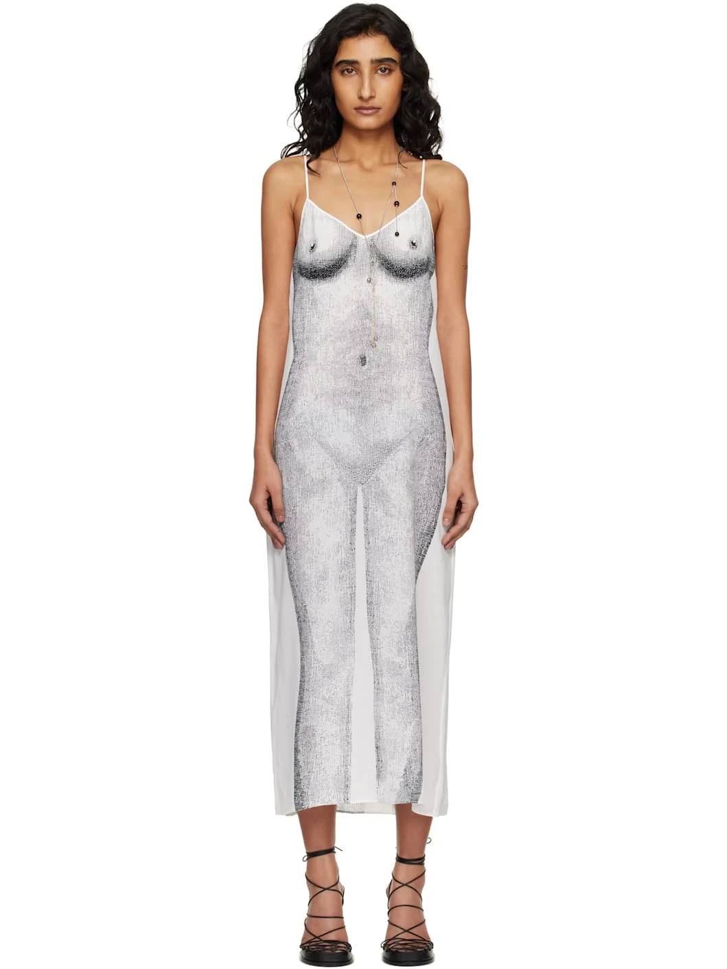 White Printed Crepe Midi Dress - 1