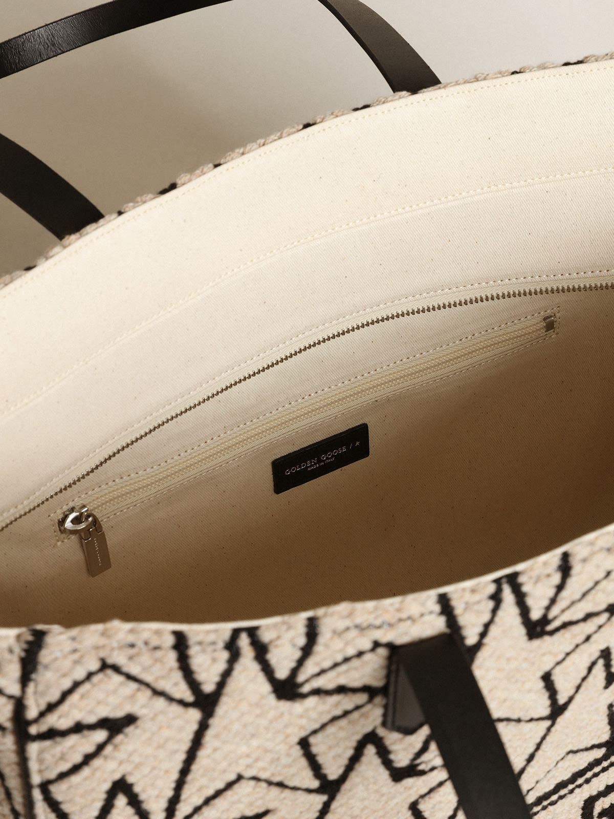 East-West California Bag in milk-white jacquard wool with contrasting black monograms and Golden Goo 4