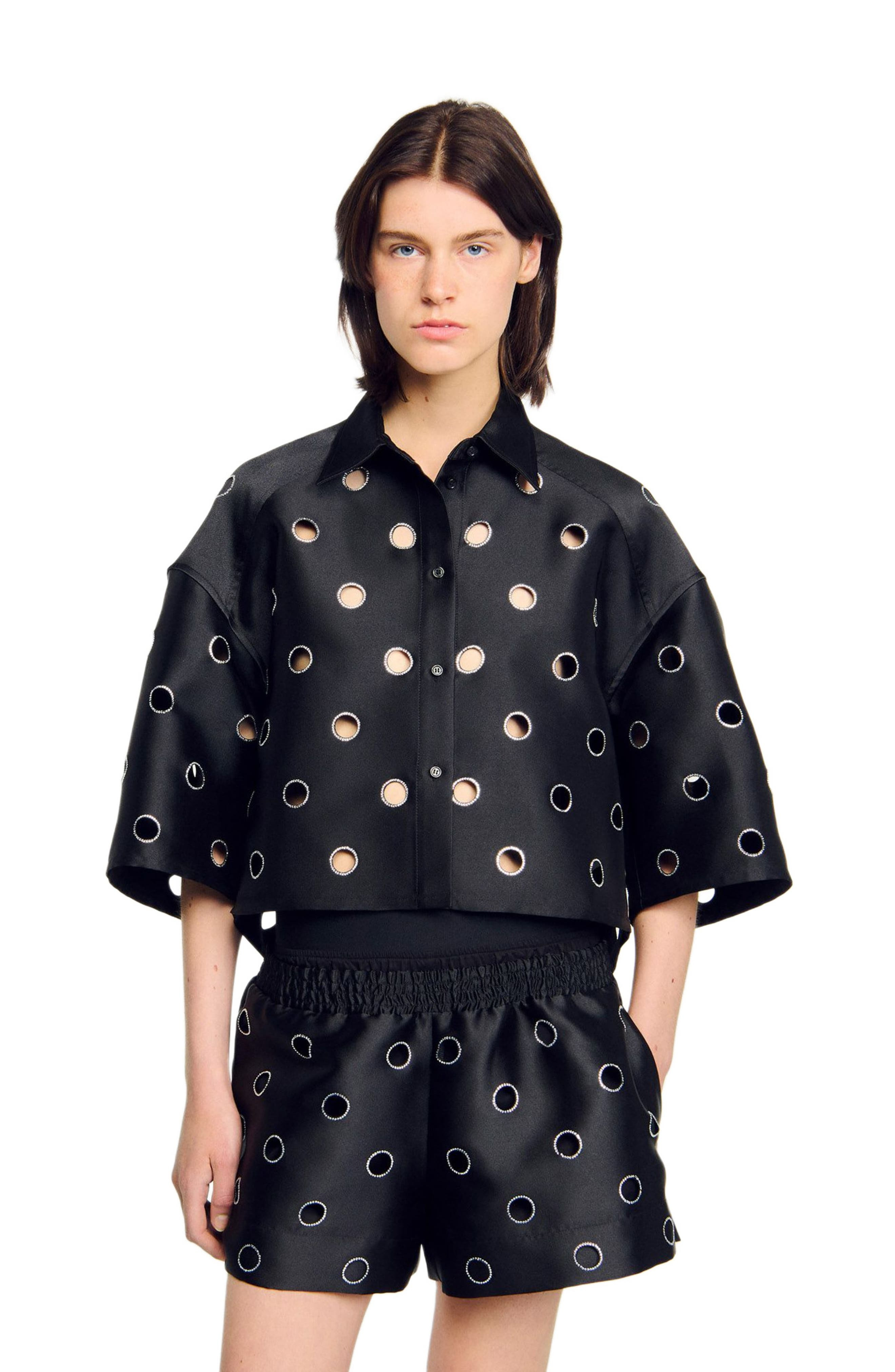 SANDRO Oversized shirt with rhinestones holes in Black at Nordstrom - 3