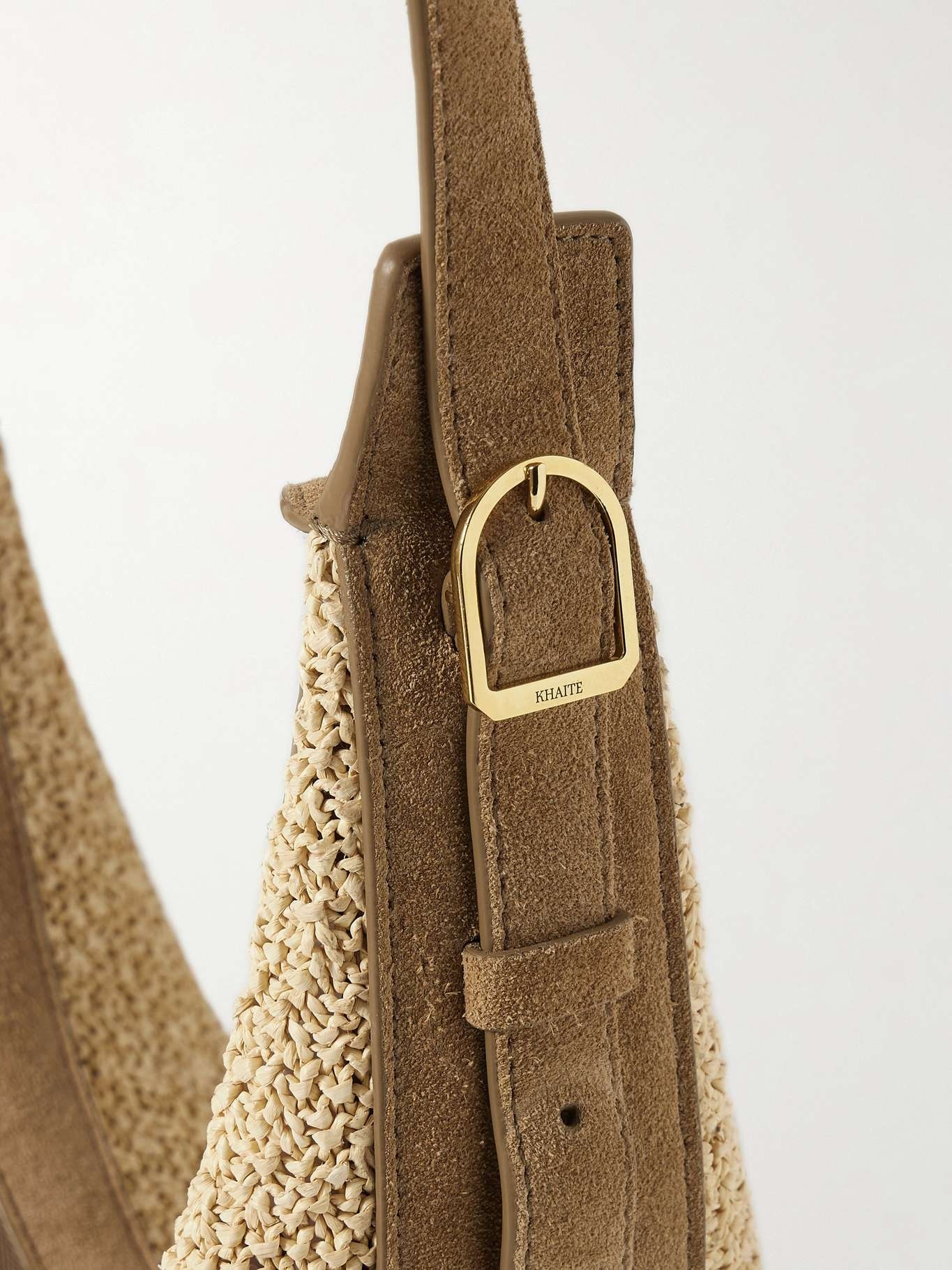 Augustina small suede-trimmed raffia shoulder bag Beige - 4