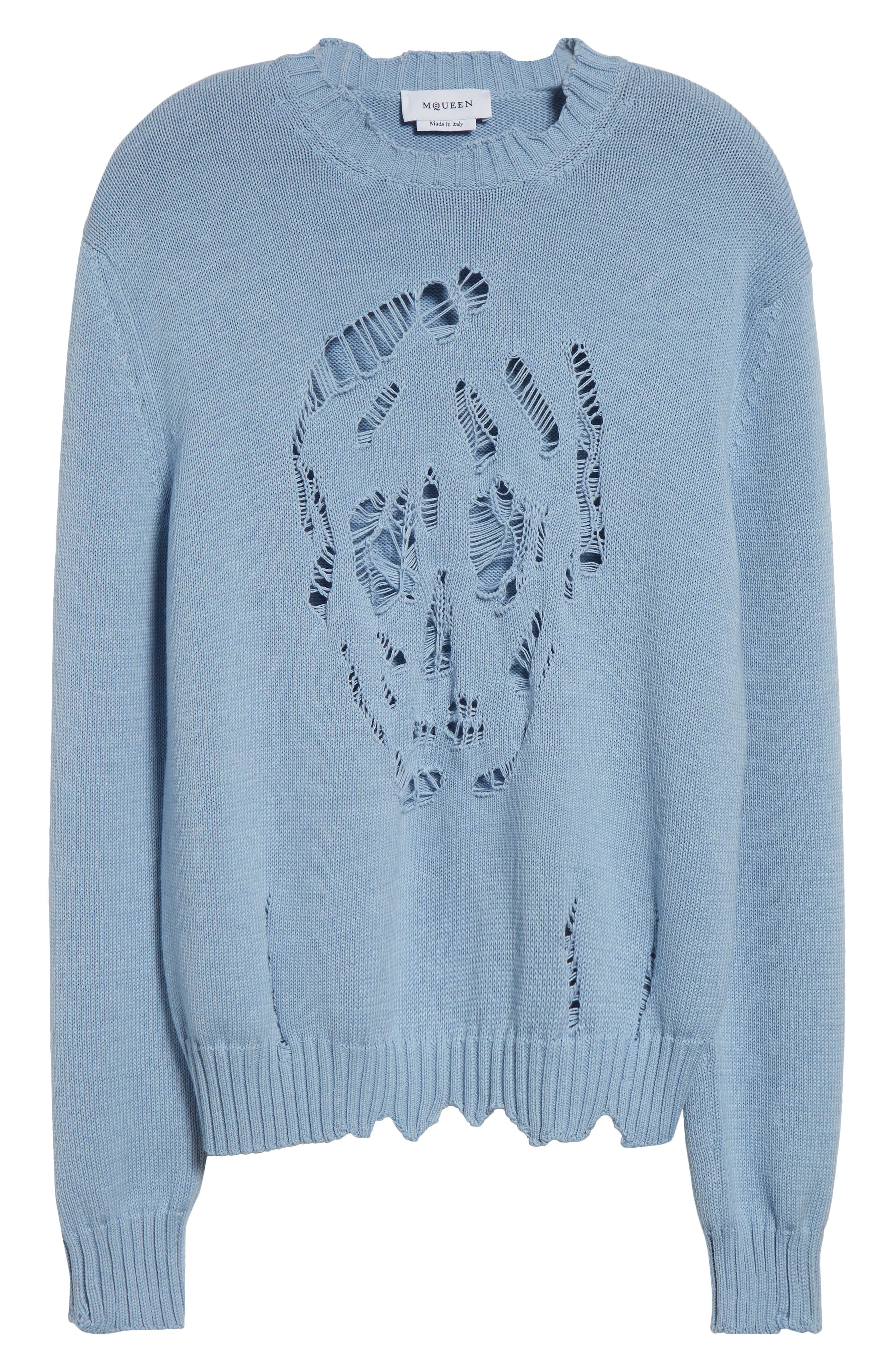 McQueen Distressed Skull Crewneck Sweater in Shirting Blue at Nordstrom - 5