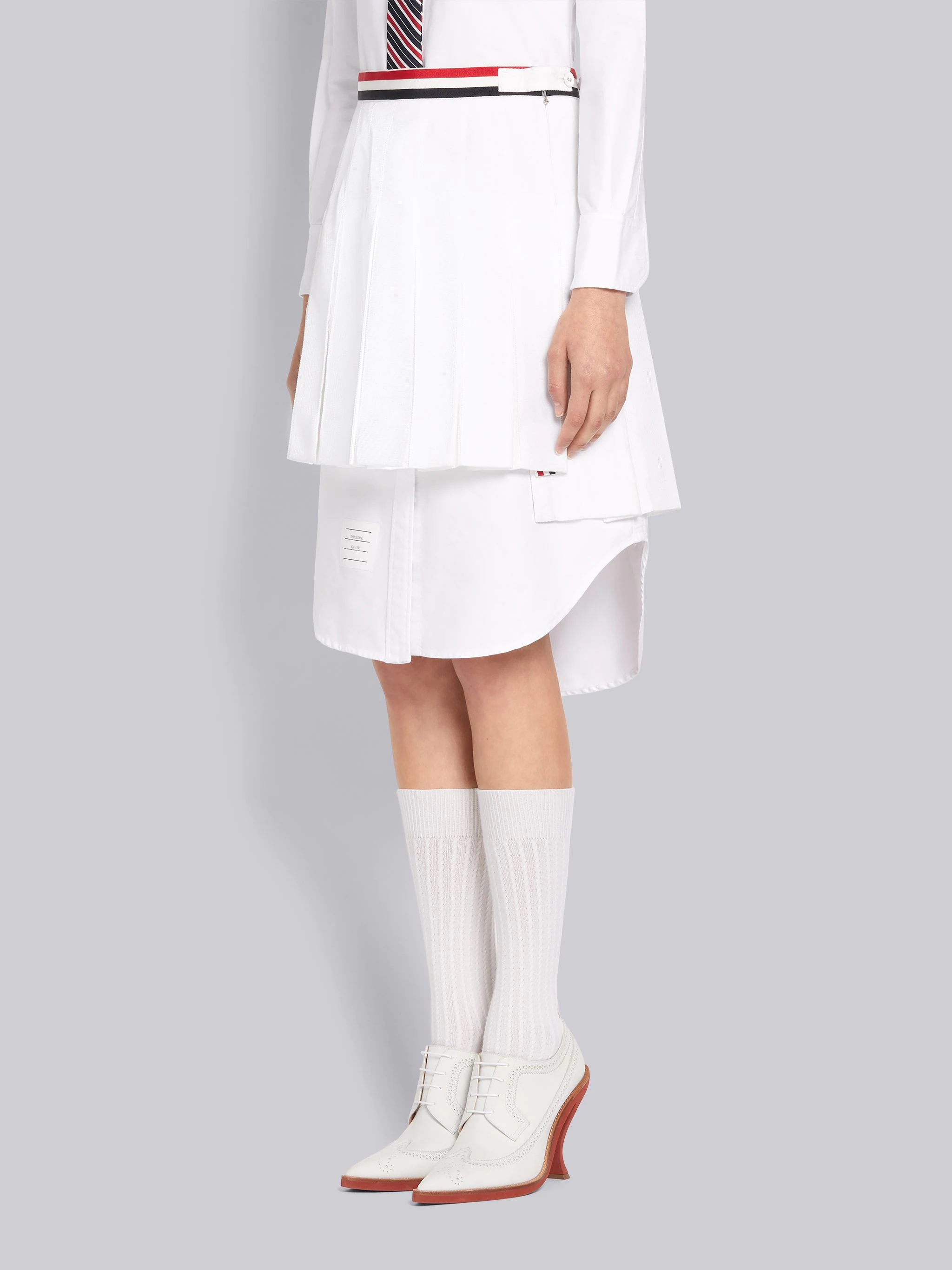 White Cotton Seersucker Grosgrain Combo Pleat Mini Pleated Skirt - 2