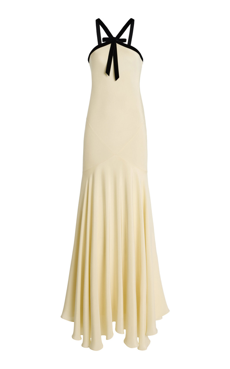 Velvet-Trimmed Silk Crepe Maxi Halter Dress neutral 1