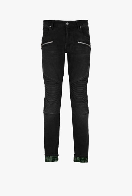 Slim cut faded and ridged black cotton jeans with Balmain monogram on hem - 1