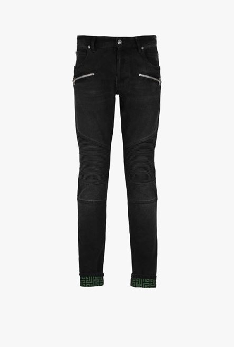 Slim cut faded and ridged black cotton jeans with Balmain monogram on hem - 1