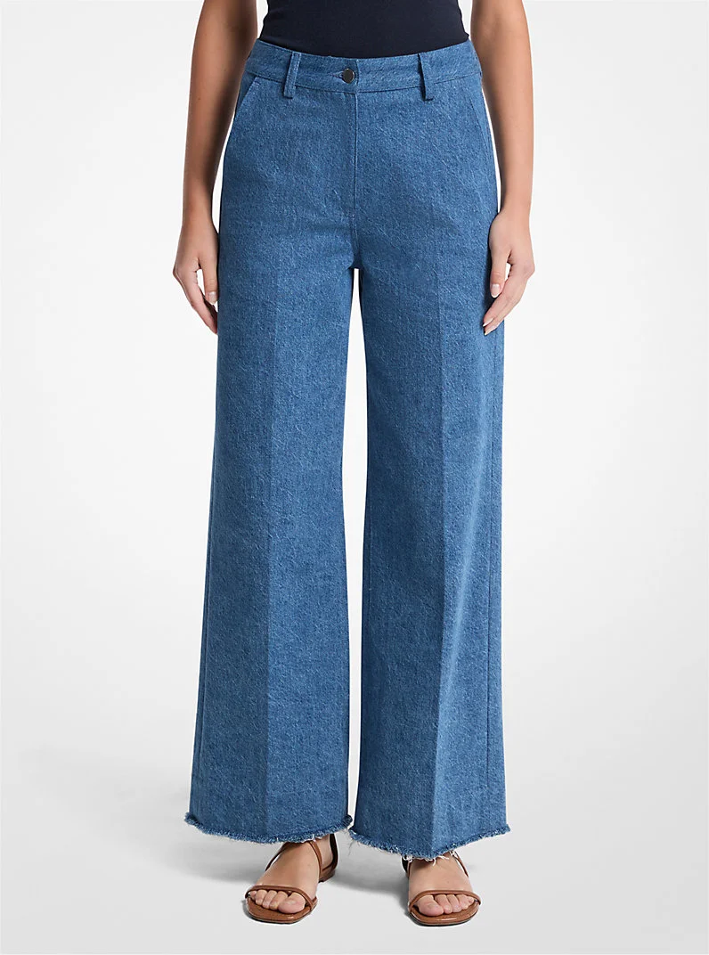 Frayed Denim Cropped Wide-Leg Jeans - 1