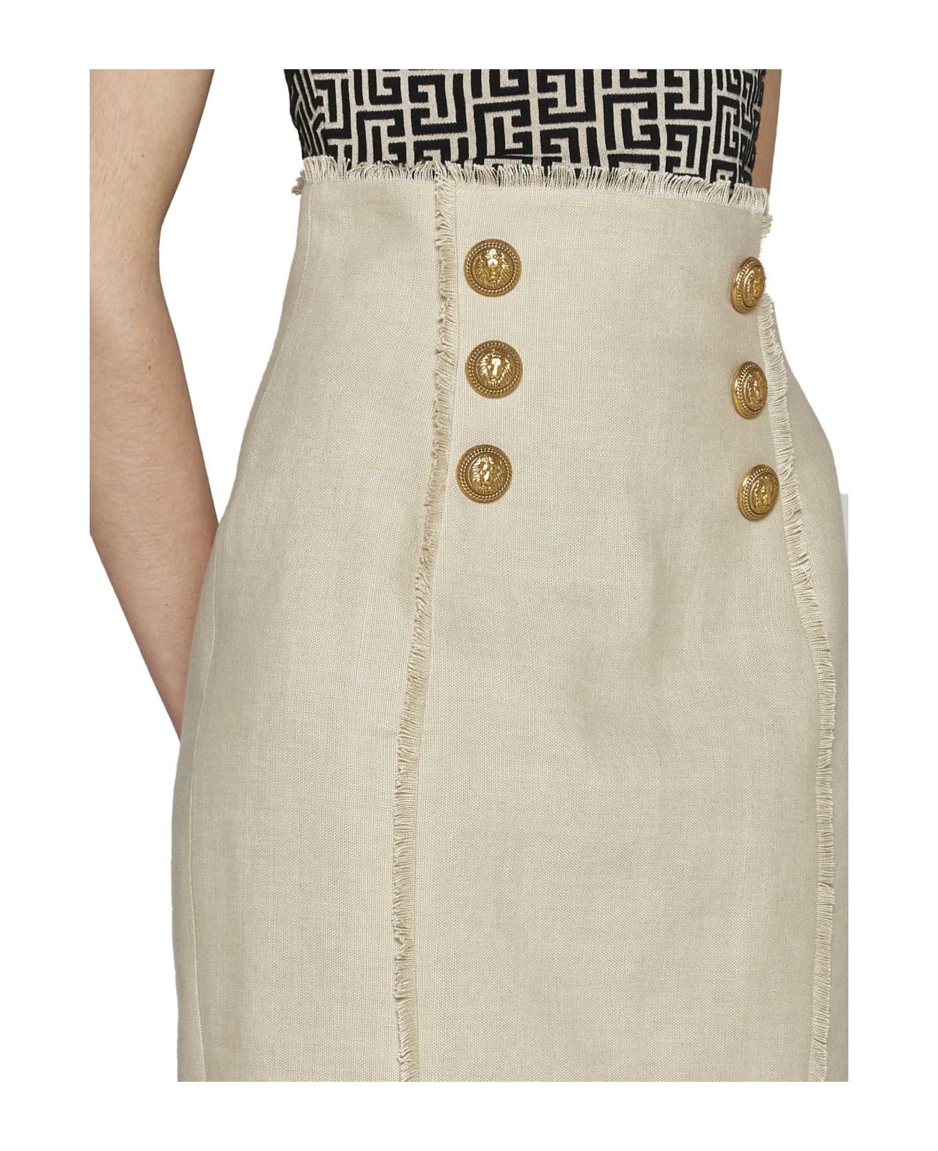 スカート BALMAIN SS23 LINEN MIDI SKIRT (AF0LB845_HB120AS) BALMAIN - LINEN MIDI SKIRT WITH EMBOSSED BUTTONS - Eleonora