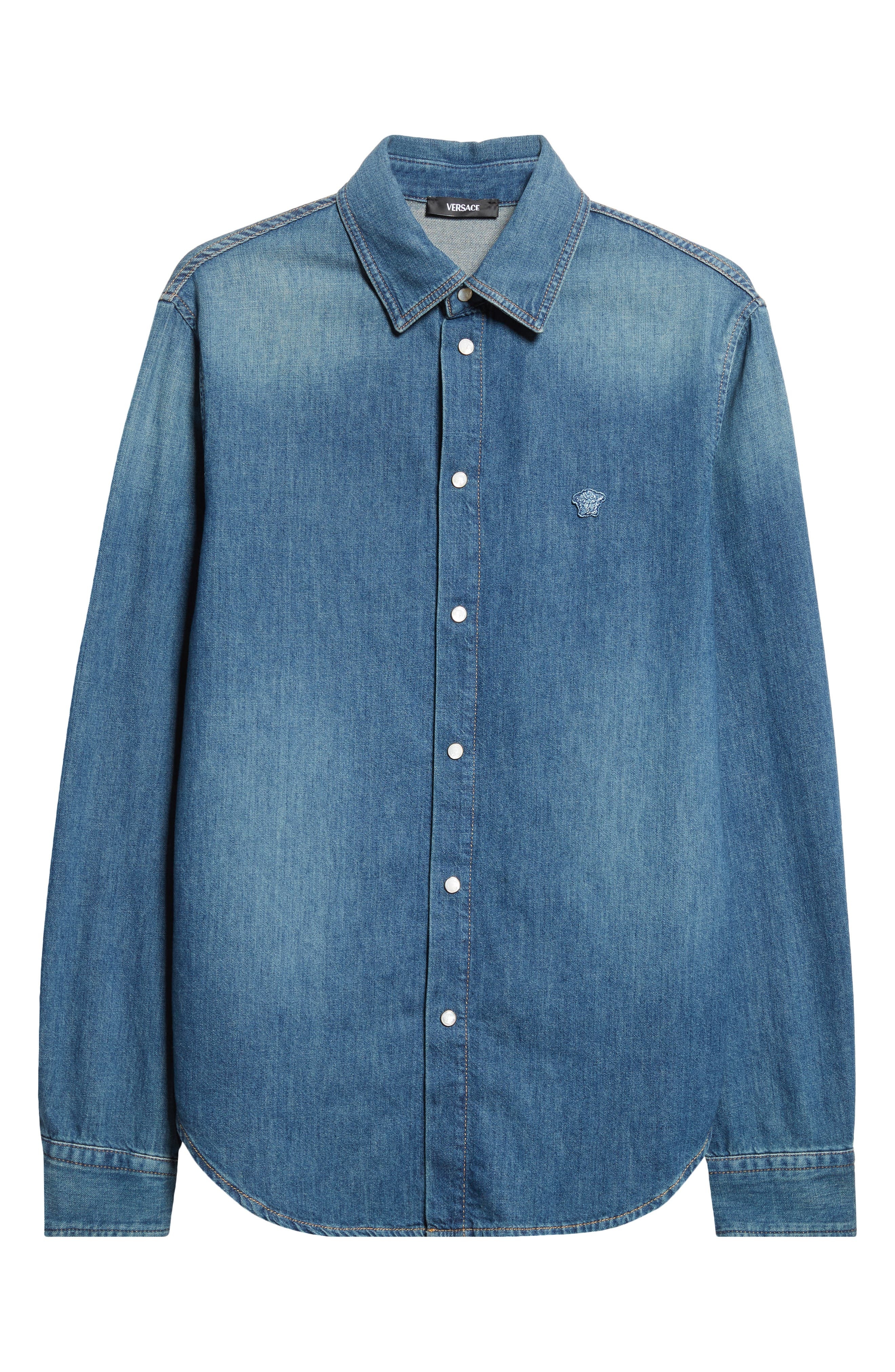 Versace Medusa Patch Denim Snap-Up Shirt in Medium Blue at Nordstrom - 5