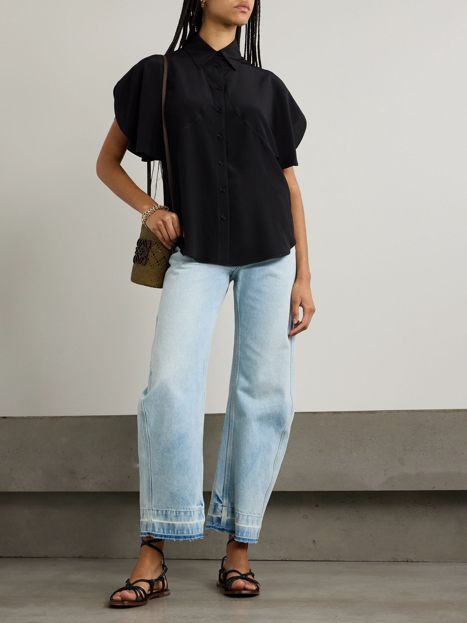 Paneled silk-crepe shirt Black - 2