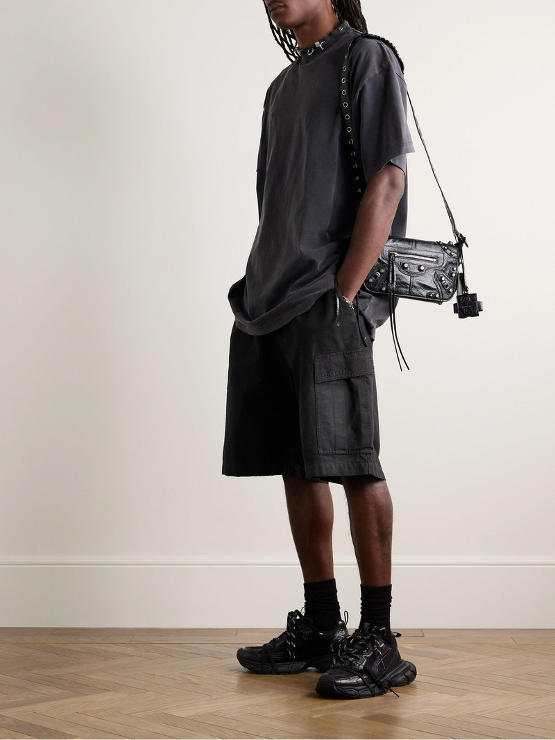 BALENCIAGA Wide-Leg Distressed Cotton-Ripstop Drawstring Cargo Shorts Black outlook