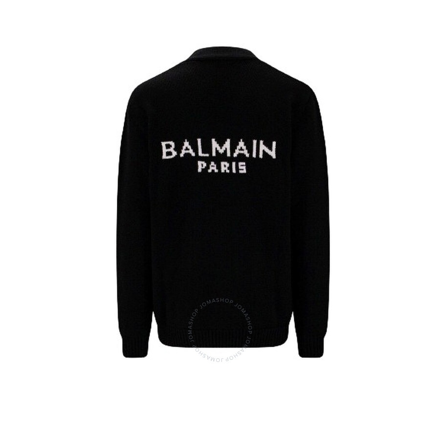 Balmain Men's Eab Noir / Blanc Intarsia-Knit Logo Cardigan - 2
