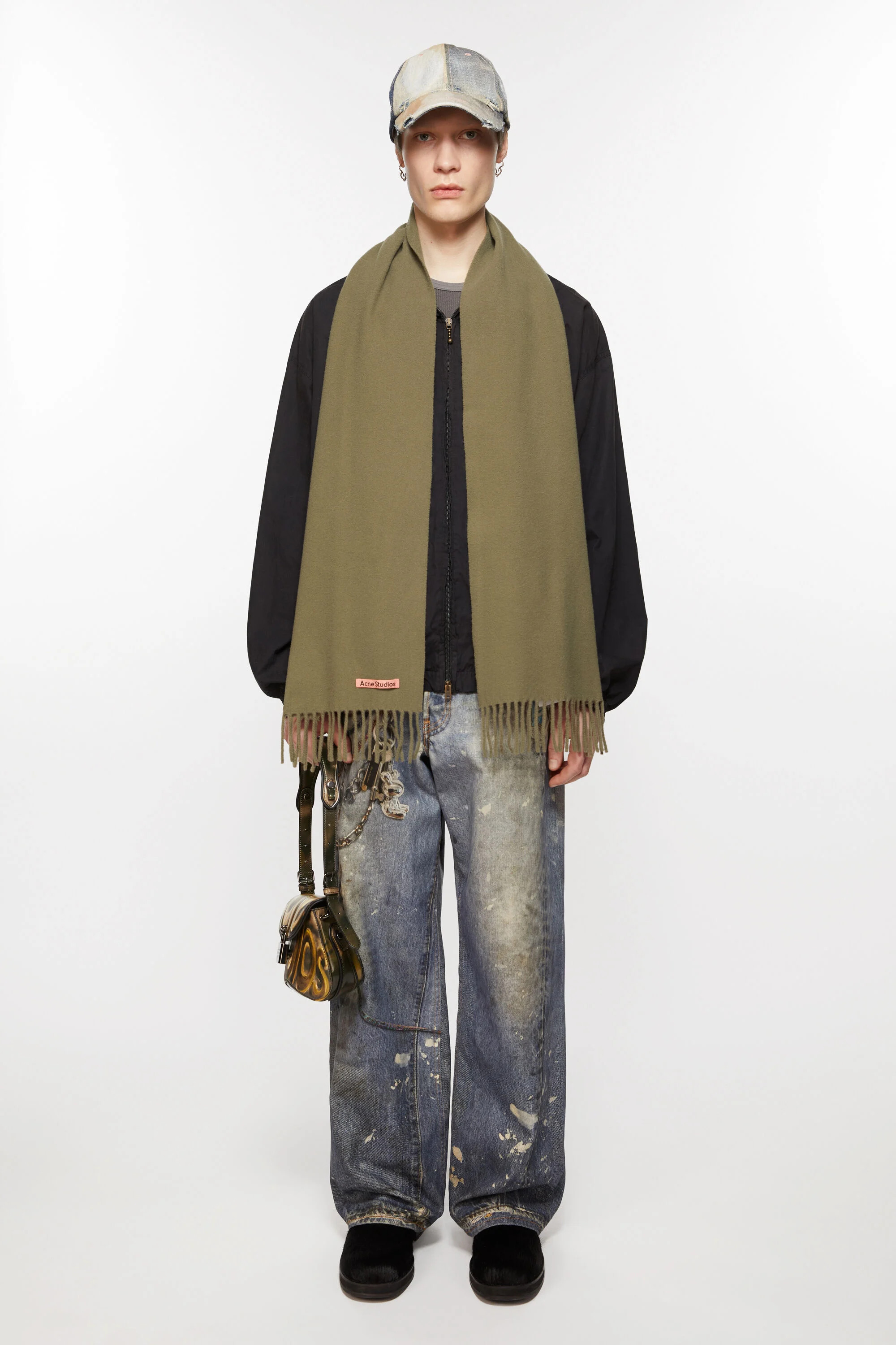 Fringe wool scarf - skinny - Khaki green - 2