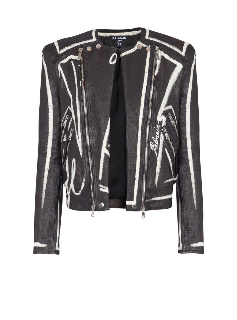 Leather biker jacket with "Love Letter" print 1