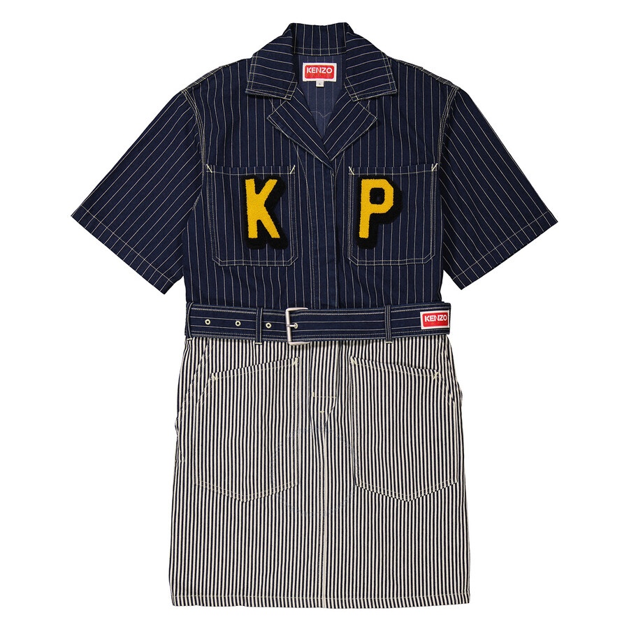 Kenzo Ladies Rinse Blue Denim Paris Striped Shirt Dress - 2