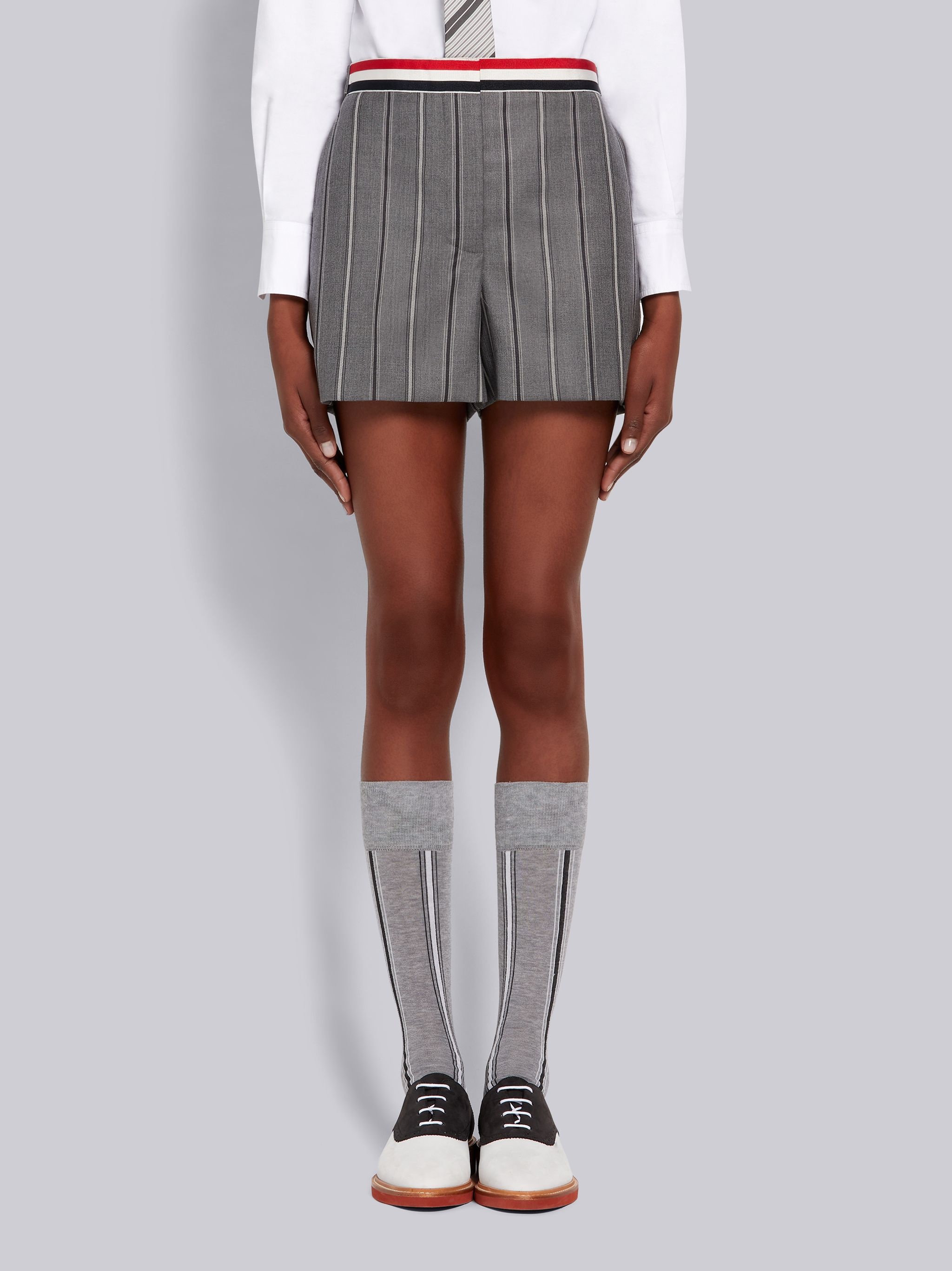 Medium Grey Alternating Stripe Wool Suiting Grosgrain Waistband Side Tab Mini Short - 1