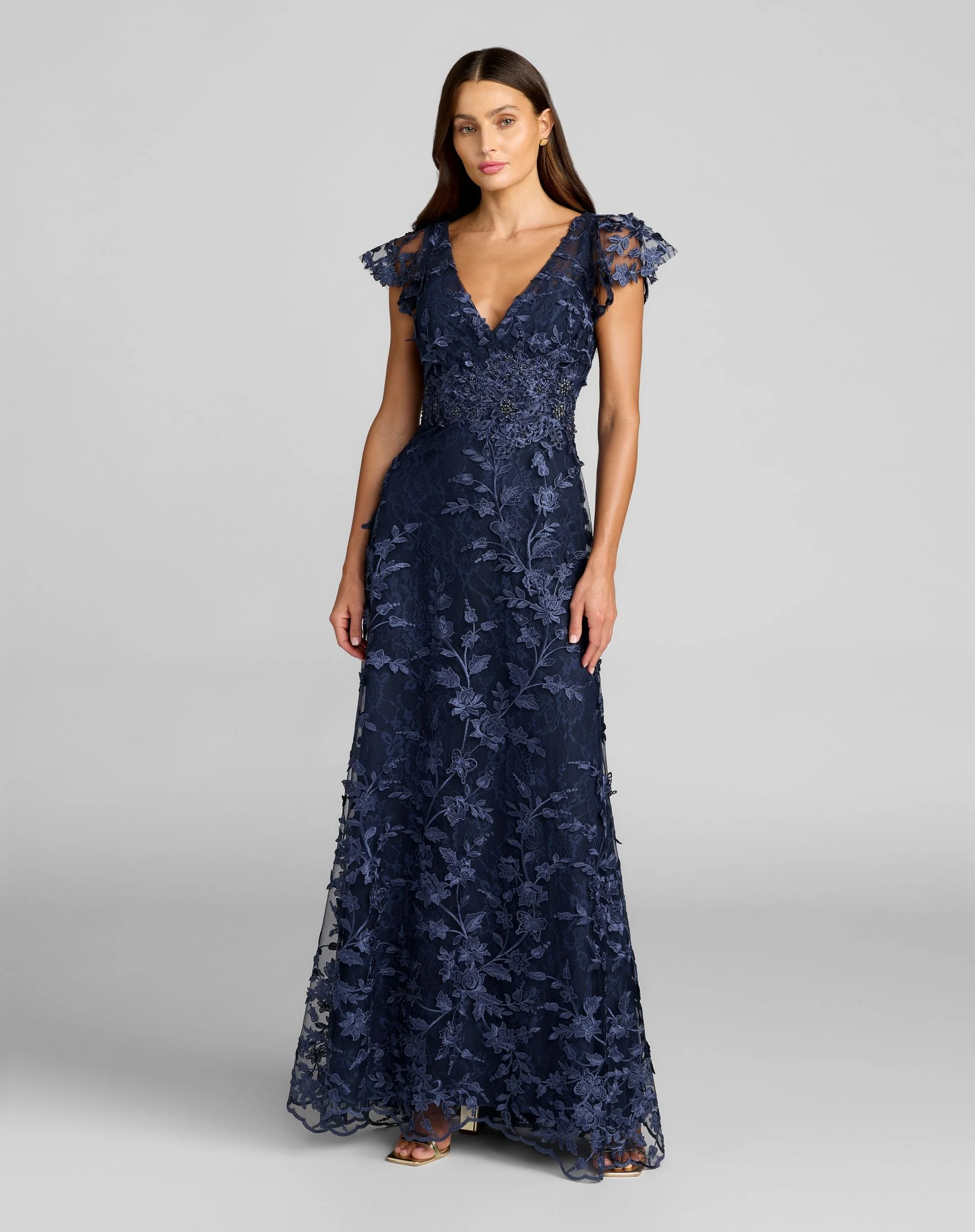 Midnight Floral Embroidered Flutter Sleeve Gown - 1