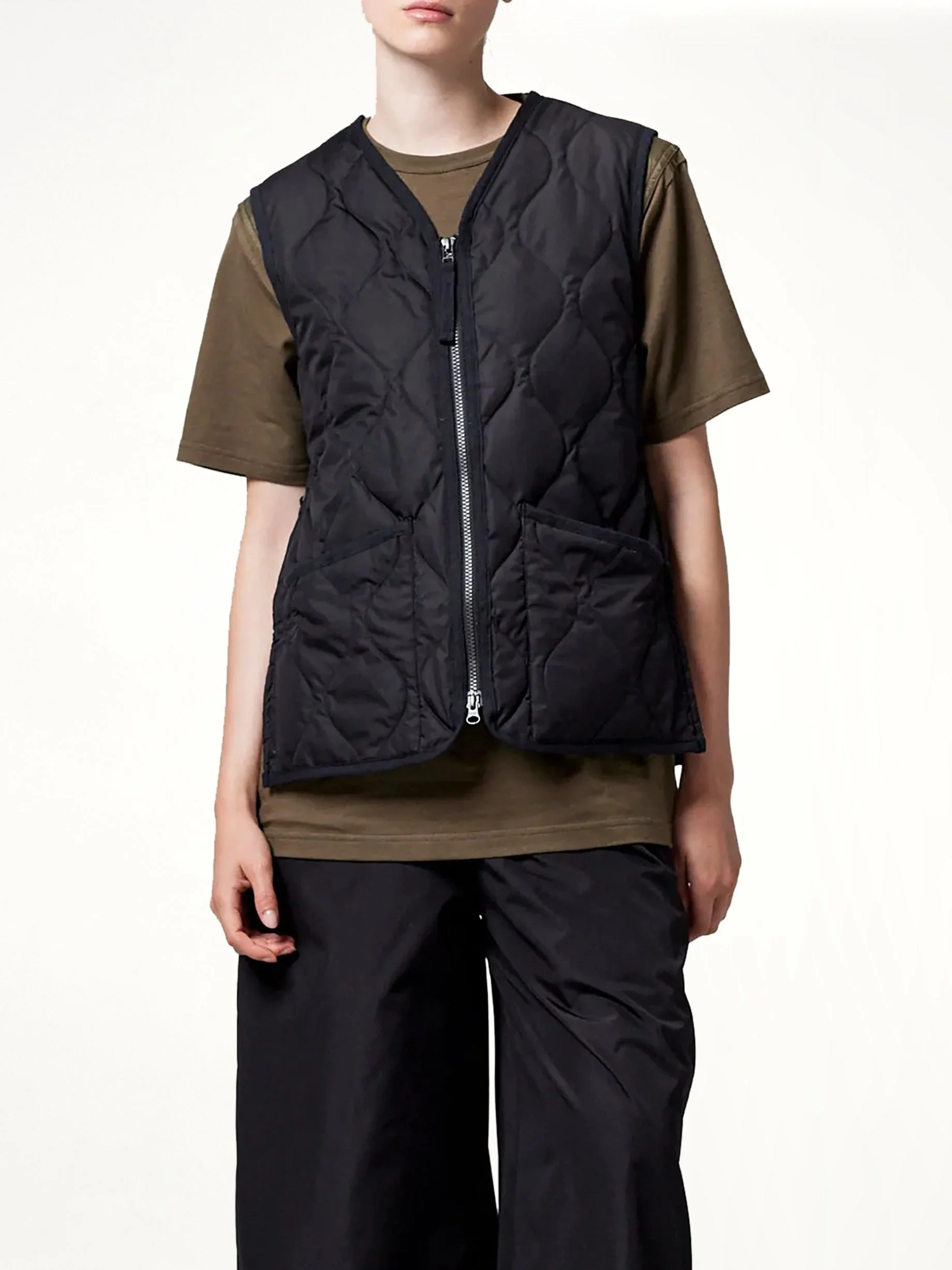Military Zip V Neck Down Jacket in Black - 1