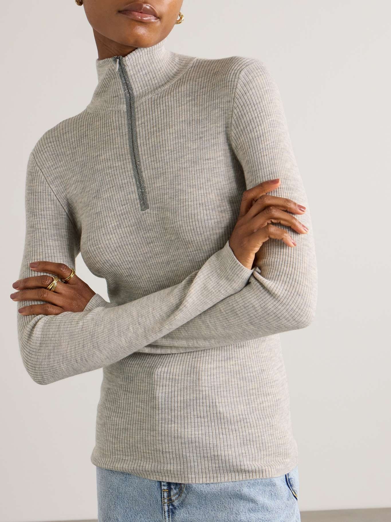 Bead-embellished ribbed wool and cashmere-blend half-zip sweater - 3