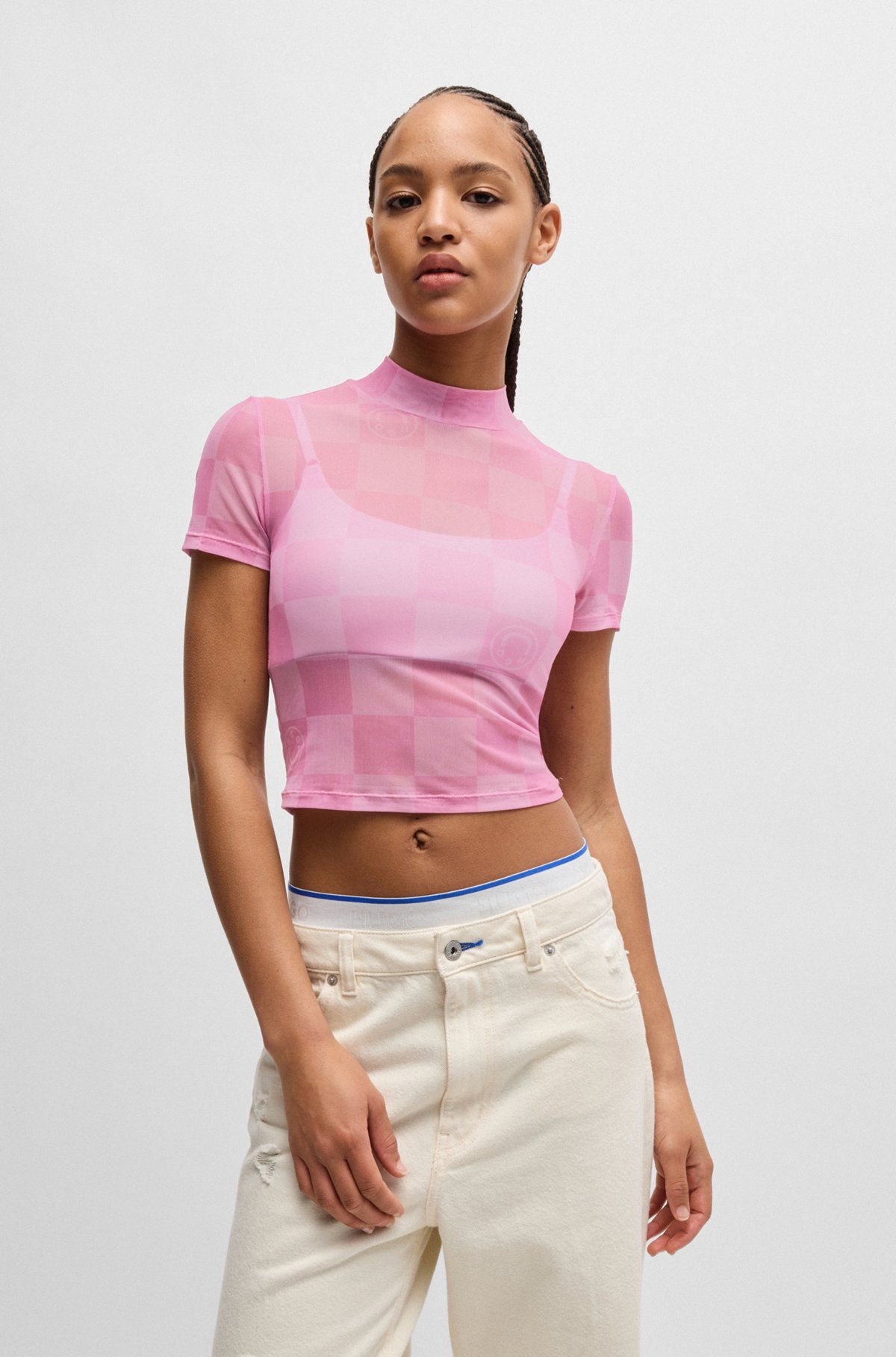 CROPPED TOP IN LOGO-PRINT STRETCH MESH - 2
