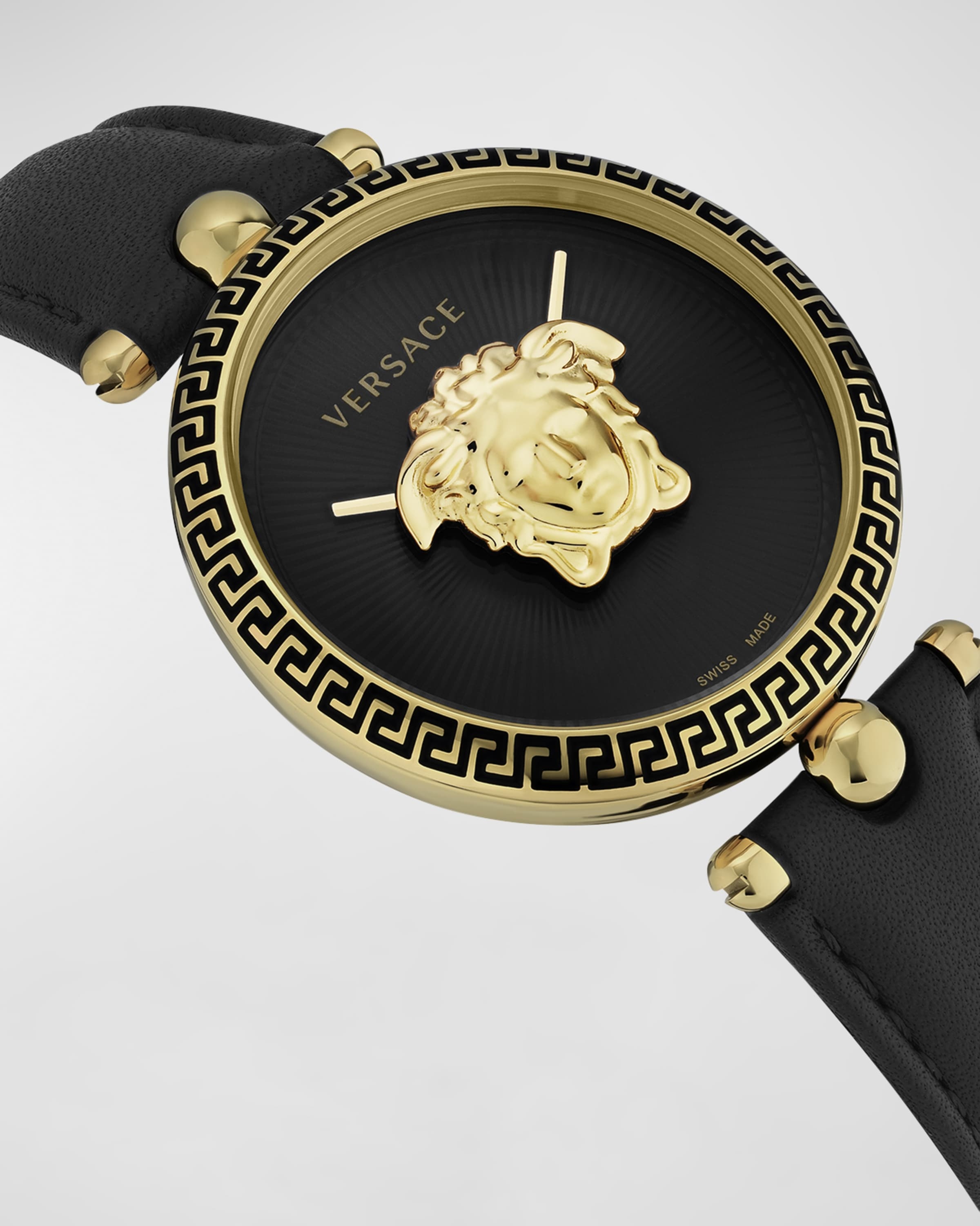 VERSACE 39mm Palazzo Empire Watch with Leather Strap, Yellow Gold/Black |  REVERSIBLE