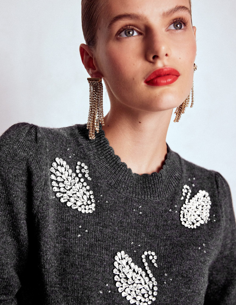 Elizabeth Embellished Sweater-Charcoal Melange Swans 4