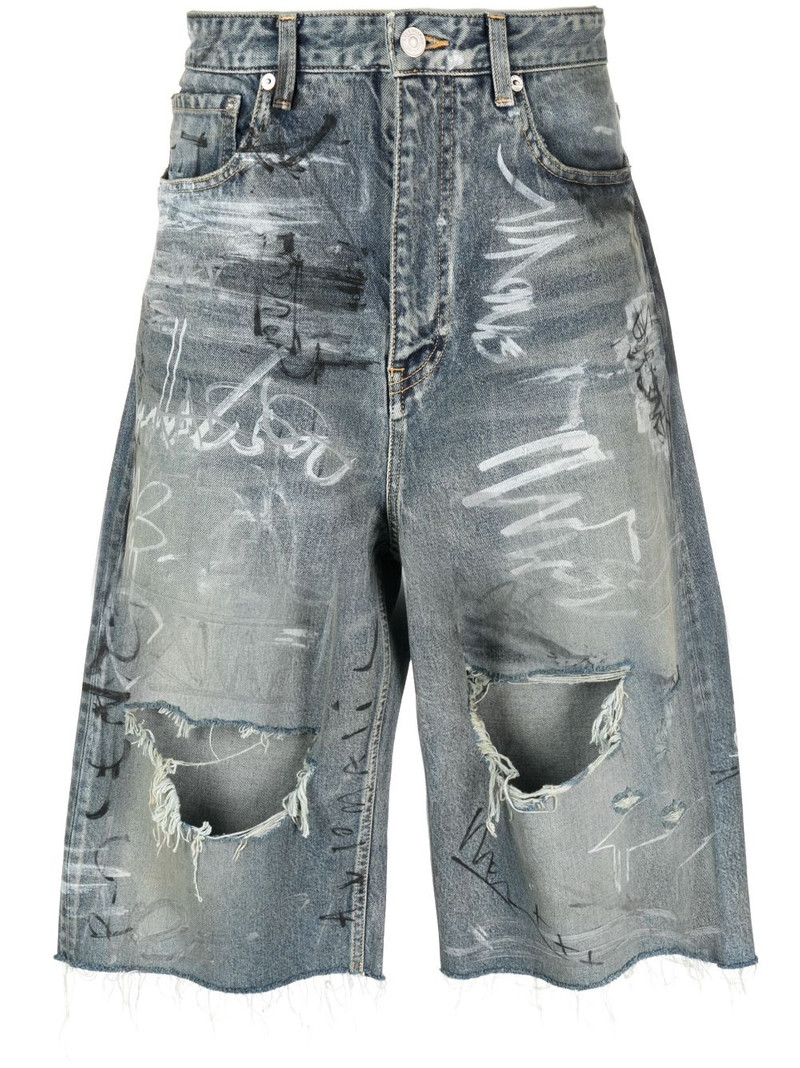 Baggy graffiti-print denim shorts - 1
