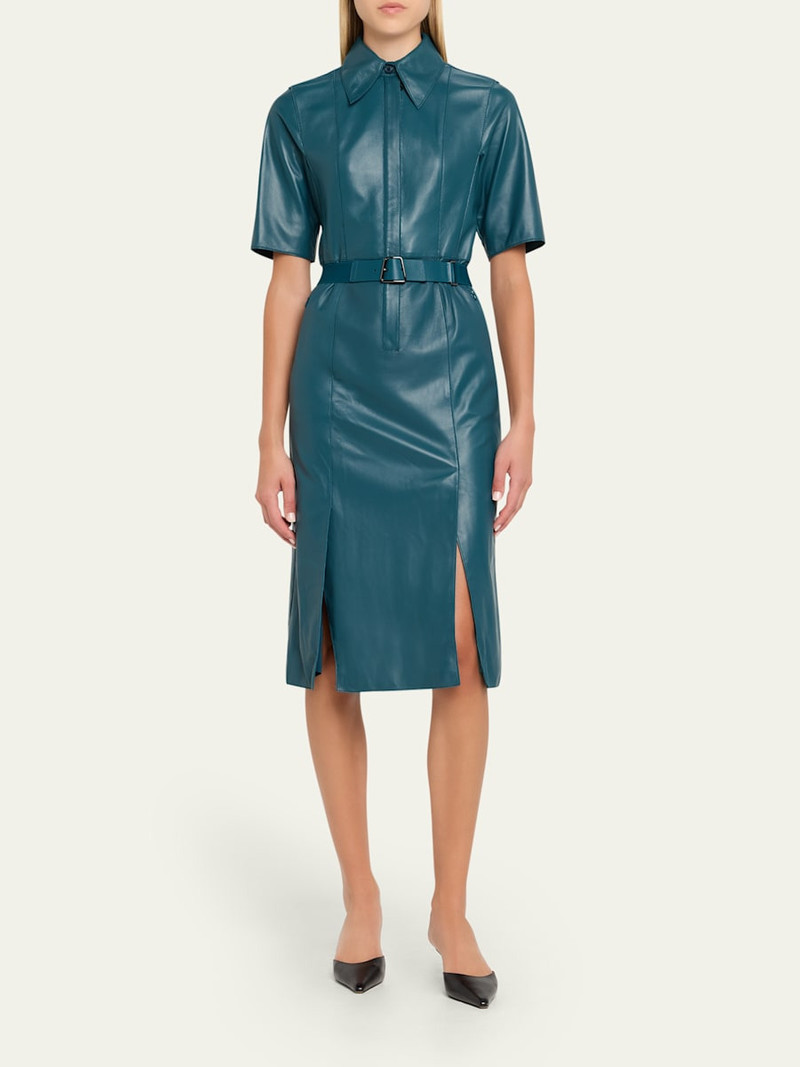 AKRIS Short-Sleeve Nappa Leather Belted Shirtdress outlook