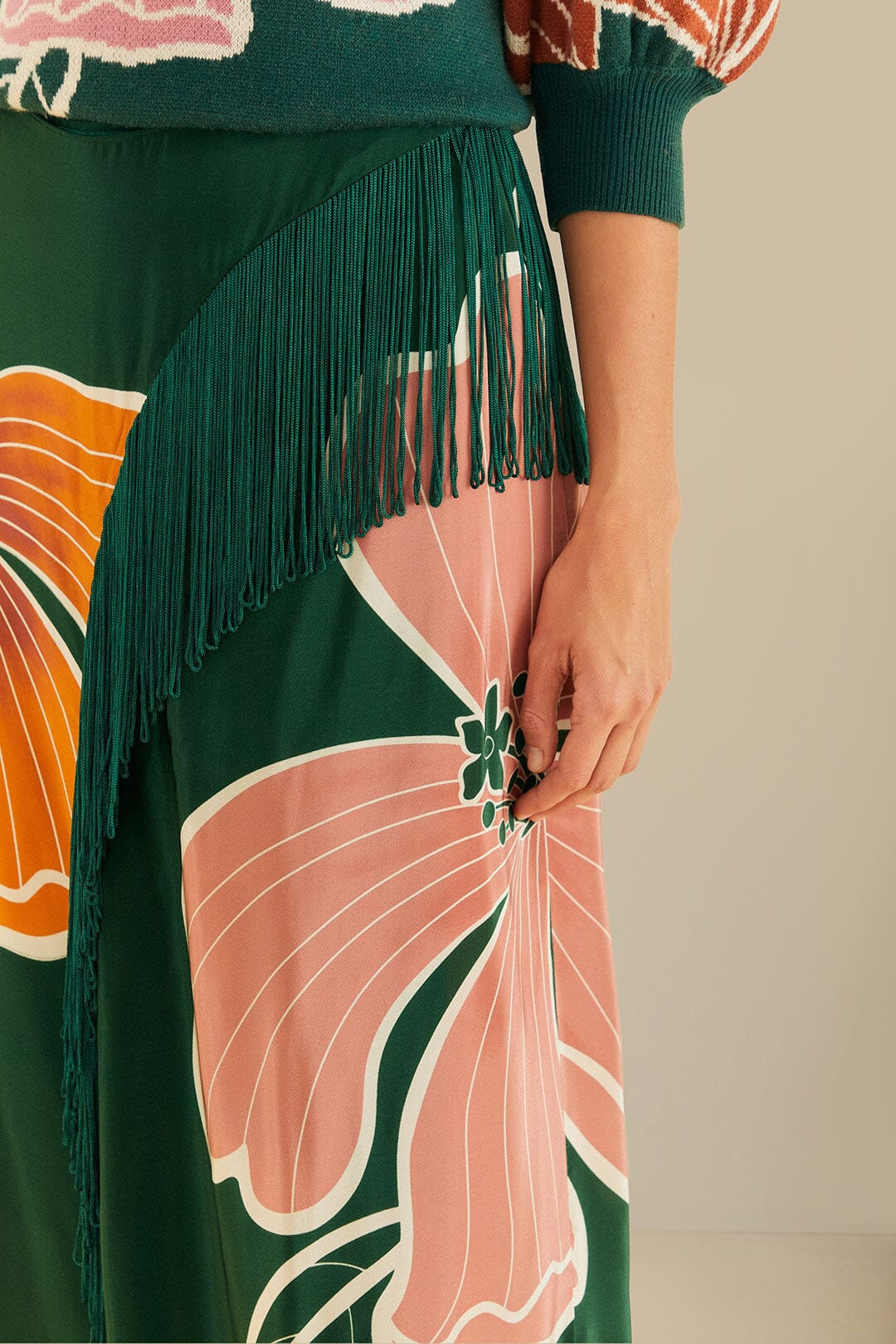 Green Honolulu Flowers Fringe Maxi Skirt - 5