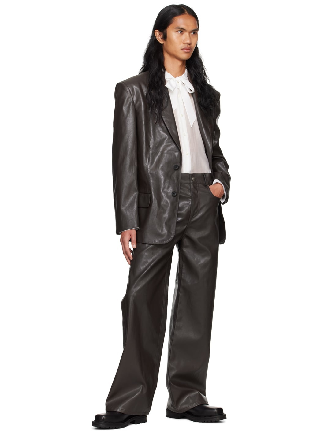 Brown Button Faux-Leather Blazer - 4