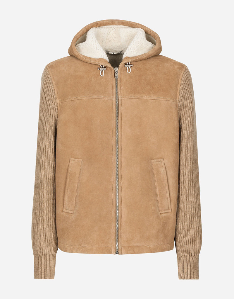 Sheepskin jacket with knit inserts and hood 1