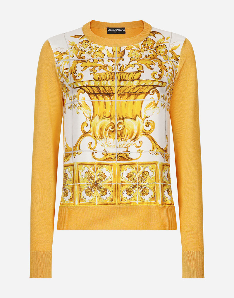 Silk sweater with majolica-print silk twill panel on the front 1